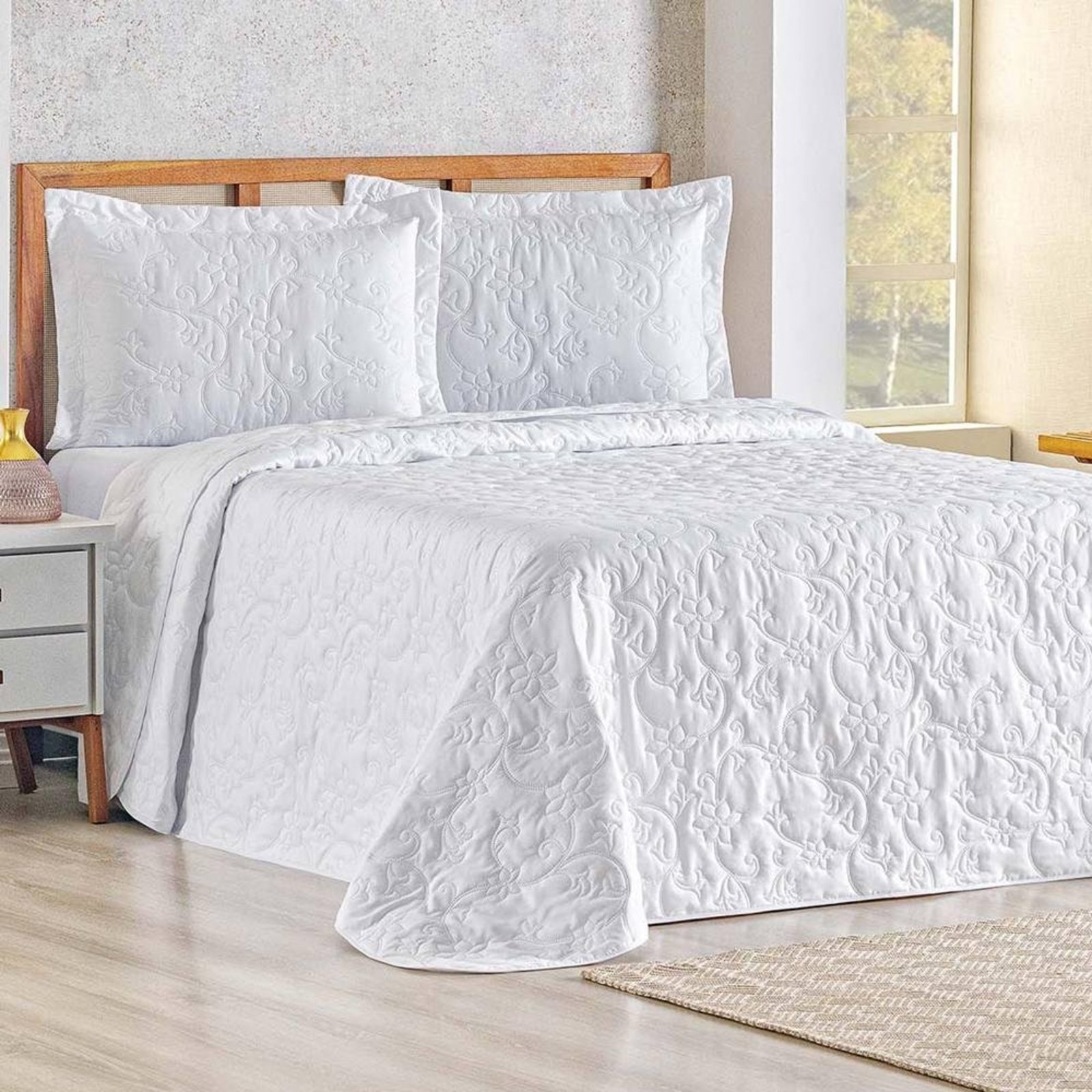 Colcha Queen Mavie Floral 180 Fios 3 Peças - Branco - 100% Poliéster
