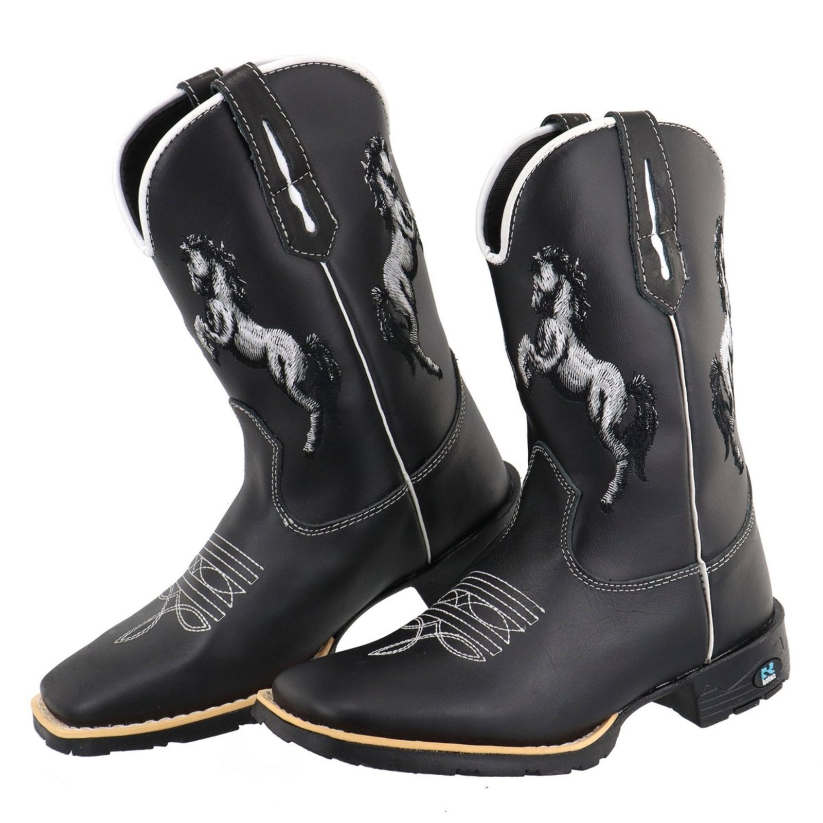 Bota Texana Couro Preta Country Amarena Bordado Cavalo Rústica Bico Quadrado
