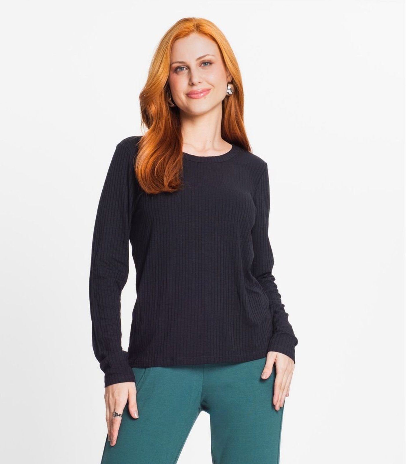Blusa Manga Longa Canelada Básica Rovitex Preto