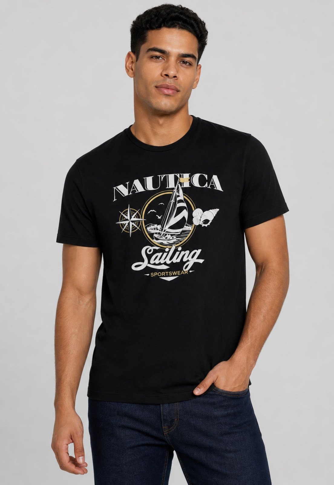 Camiseta Masculina Nautica Estampa Frontal Preta
