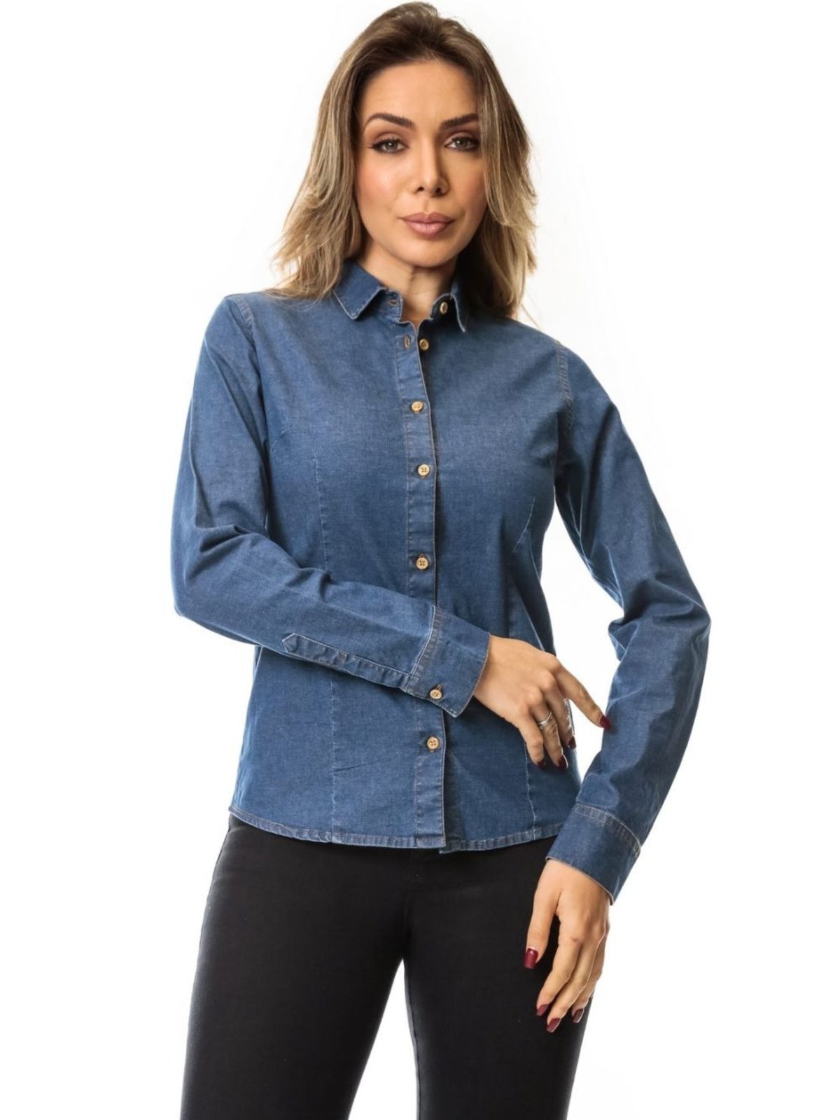 Camisa Jeans Manga Longa Sem Bolsos Feminina Crocker