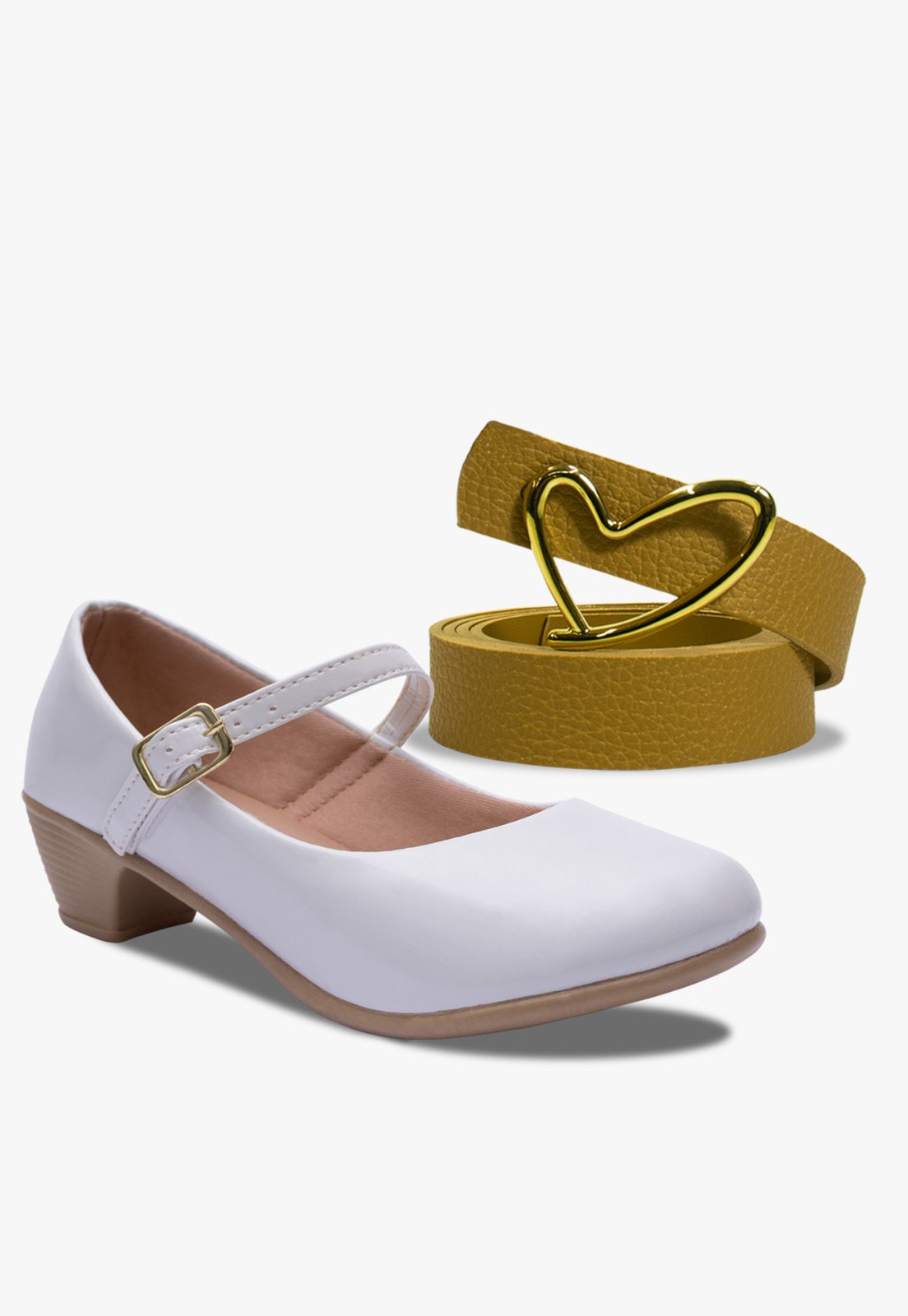 Infantil – Kit Cinto e Sapatilha Salto Pópidi Menina Branco com Caramelo