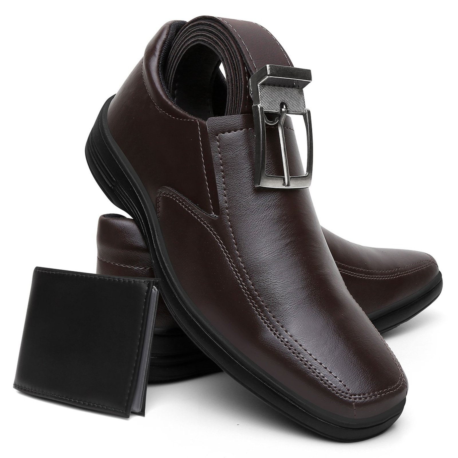 Kit Sapato Masculino Social Anna Andrade Casual Conforto Macio Bico Quadrado Cinto e Carteira Café