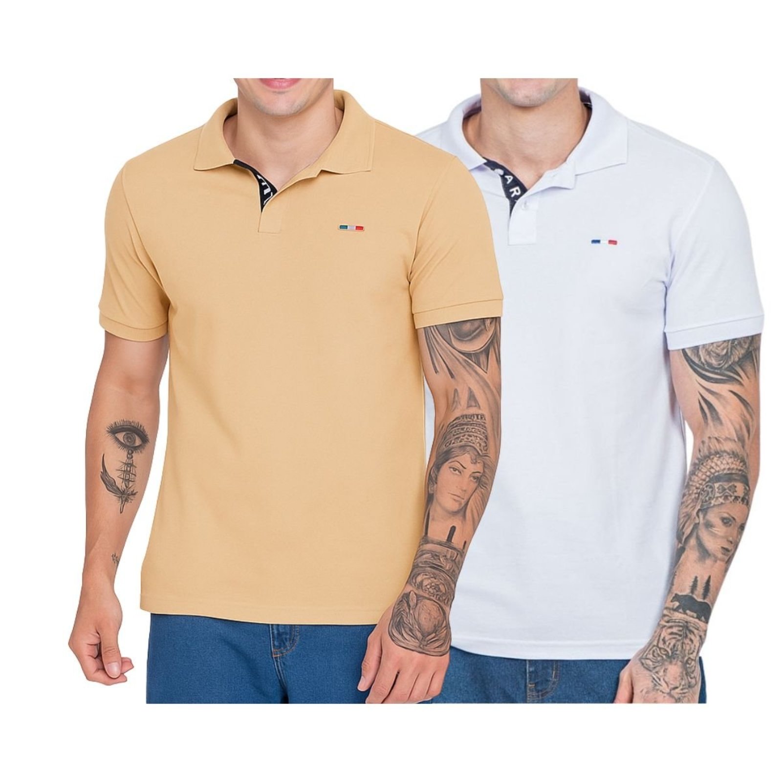 Kit 2 Polos Masculina Básicas Industrie Bege Claro e Branco Bordado França