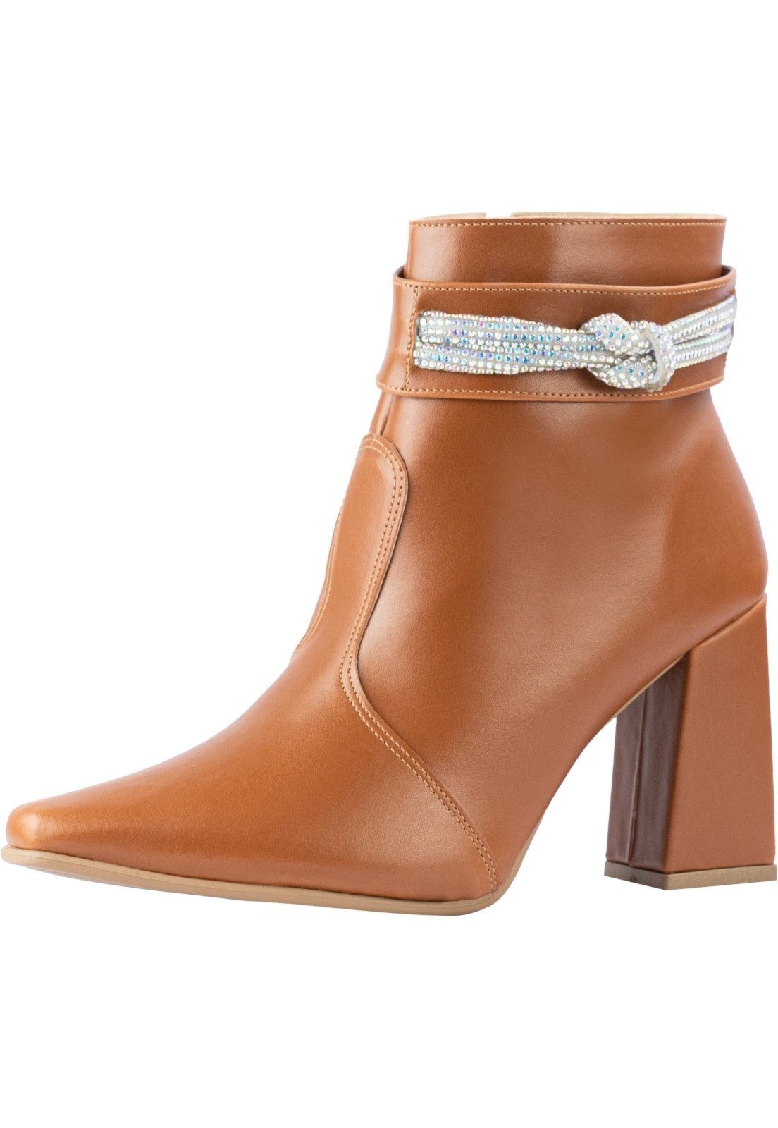 Bota Coturno Feminina Strass Bico Fino Lumiss Salto Alto Grosso Cano Curto Confort Caramelo