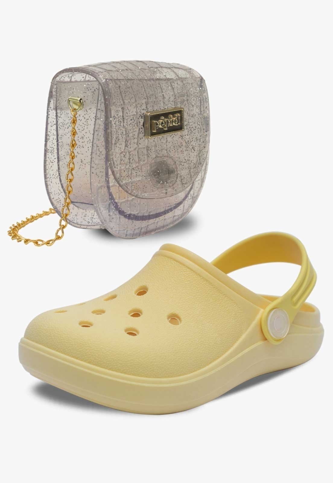 Infantil – Kit Bolsa e Sandalia Babuche Chinelo Pópidi Menina Amarelo e Glitter Prata