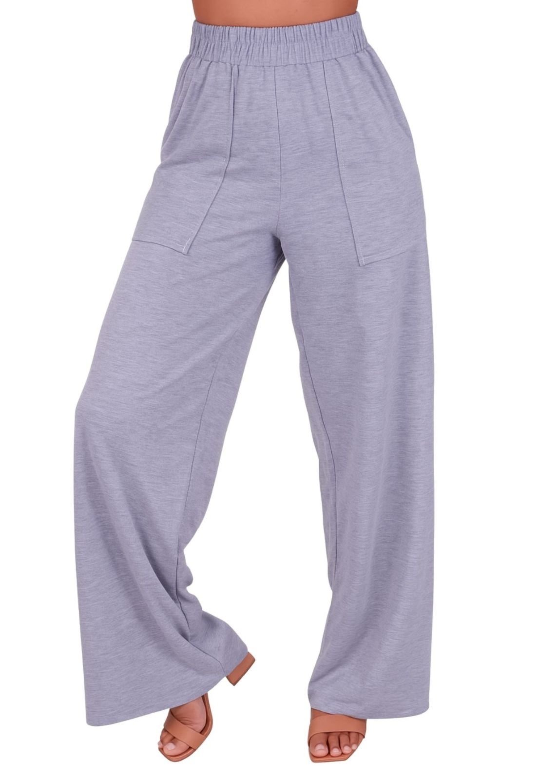 Calça Feminina Wide Leg Pantalona Cintura Alta com Bolso de Moletinho Inverno Cinza
