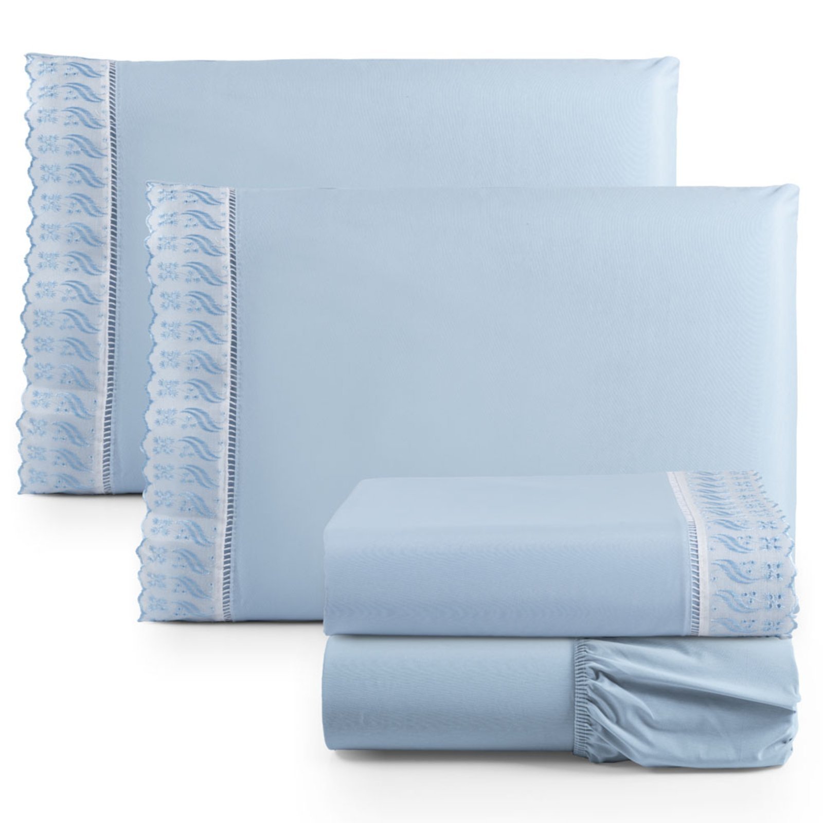 Jogo Cama Lençol Casa Scarpa Paris King Percal 180 Fios Algodão Lese Bordada 4 Peças - Azul Claro