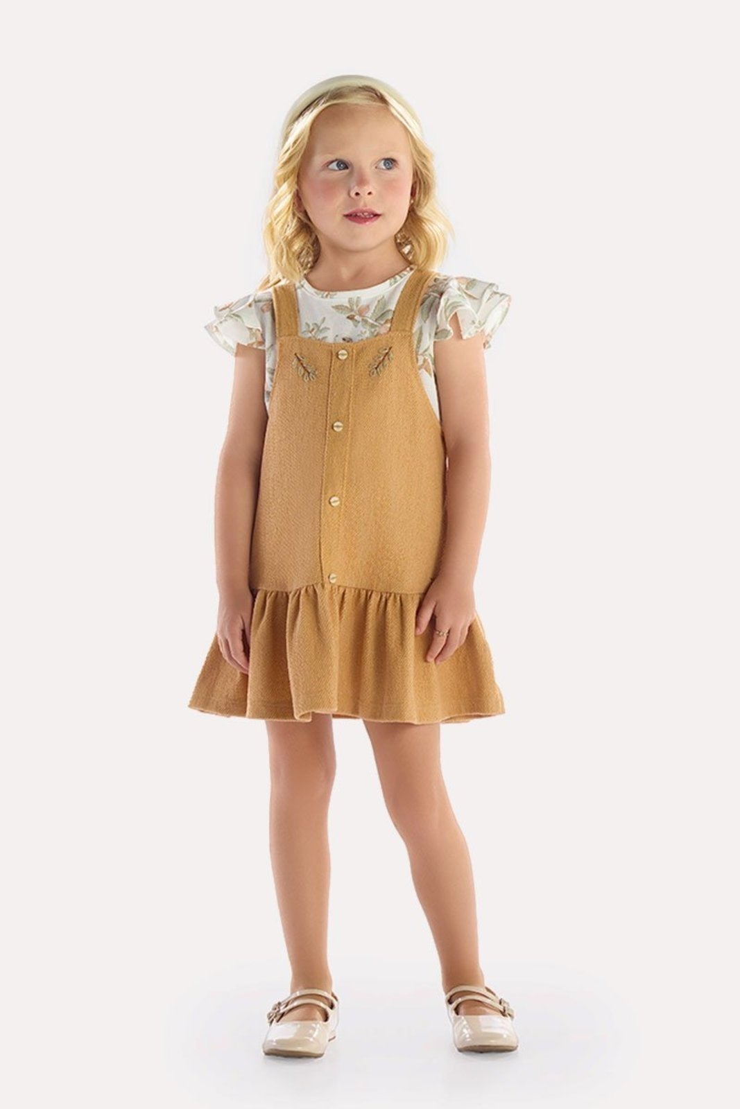 Infantil - Conjunto Blusa Estampada e Salopete Caramelo Texturizado Bordado