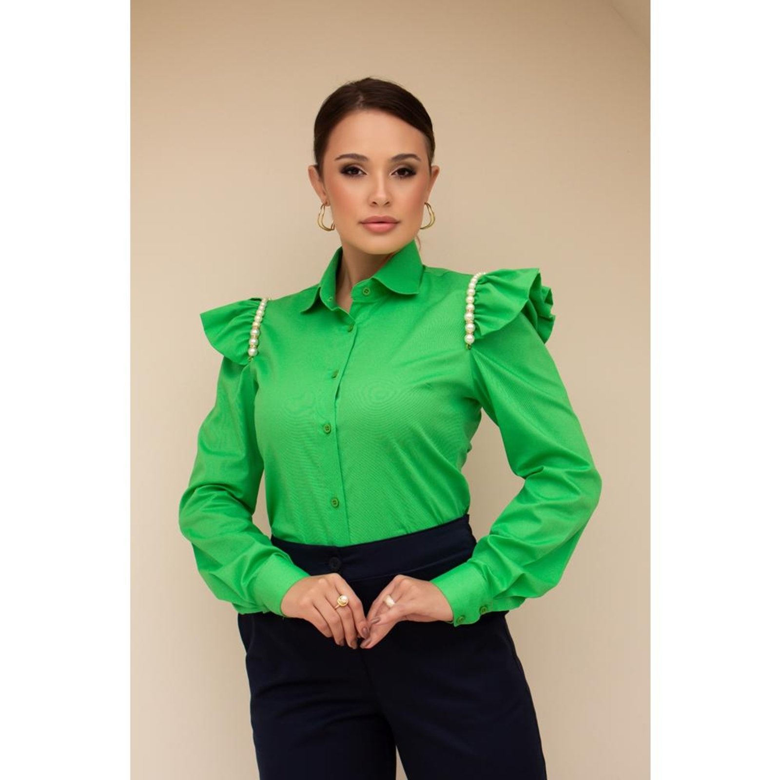 Camisa Feminina Acinturada De Algodão Clássica Com Babados