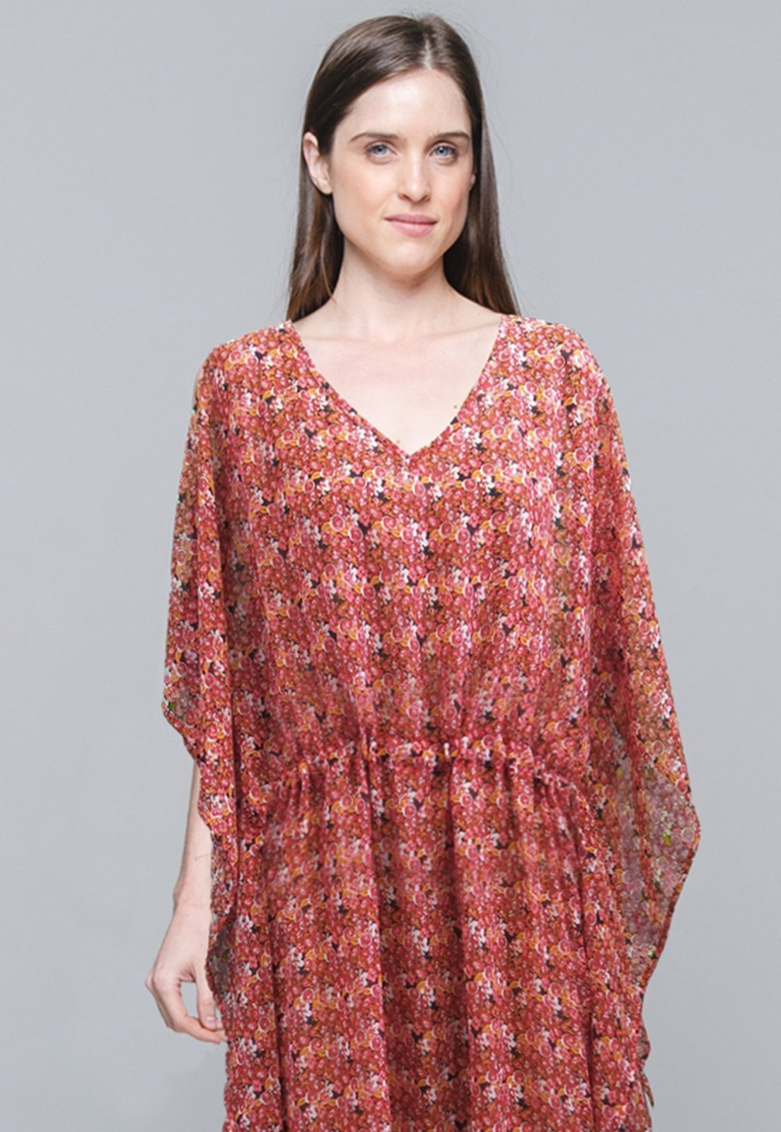 Saída Vestido Kaftan Longo Bata Crepe Semitransparente Estampado Laranja Vermelho