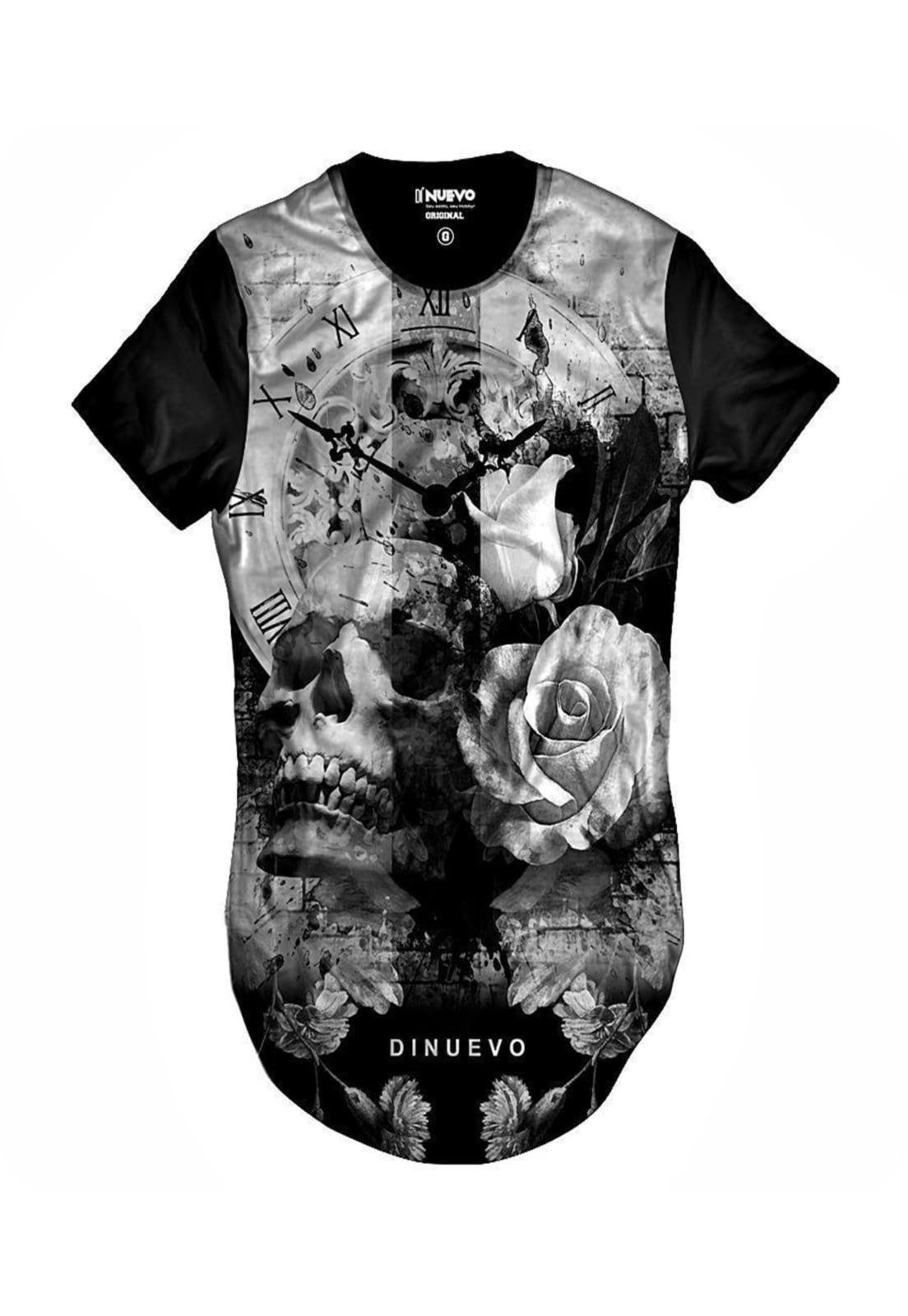 Camiseta Di Nuevo Swag Caveira com Flor e Relógio Retrô Preta