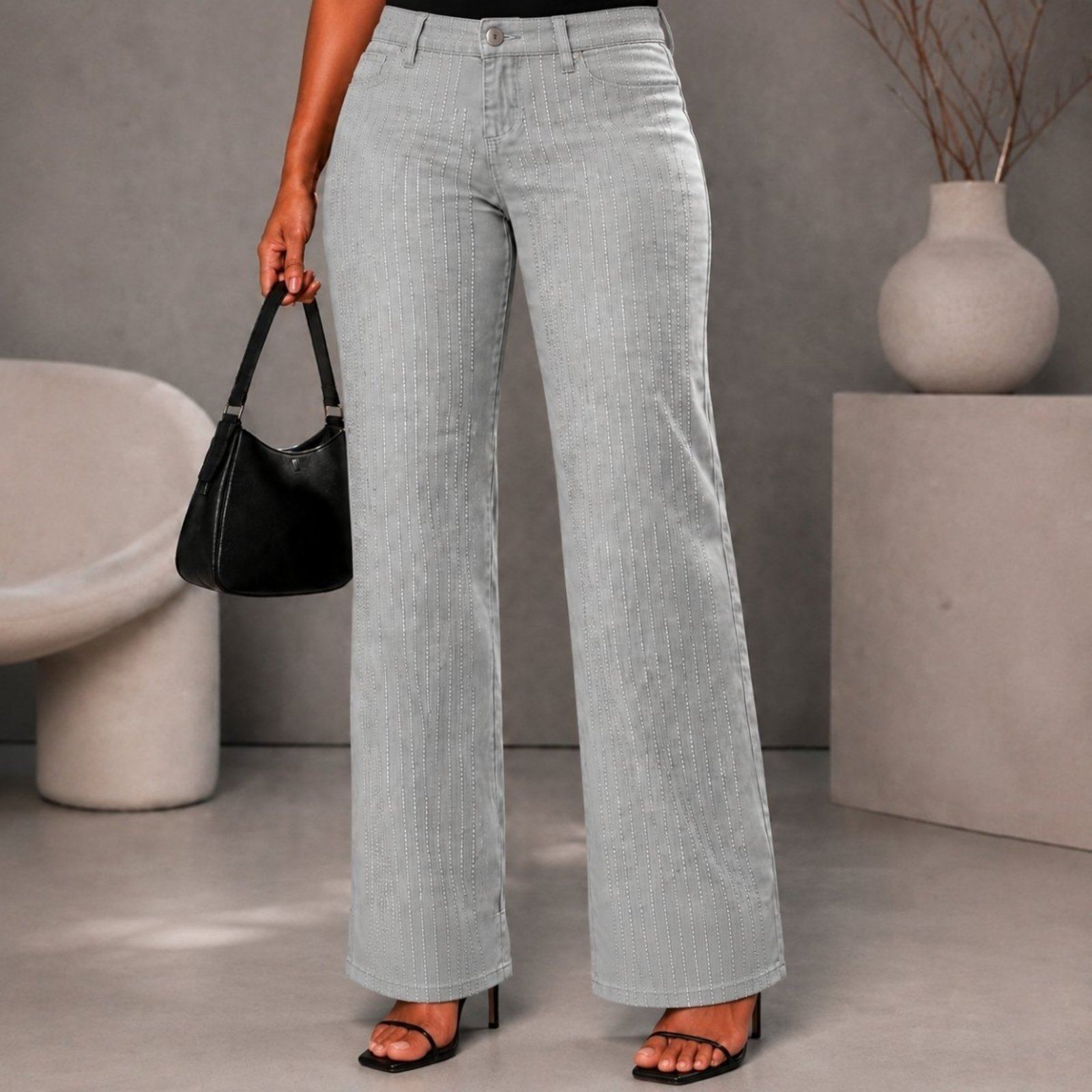 Calça Feminina Wide Leg Jeans Cinza com Strass Cintura Alta Elastano Premium