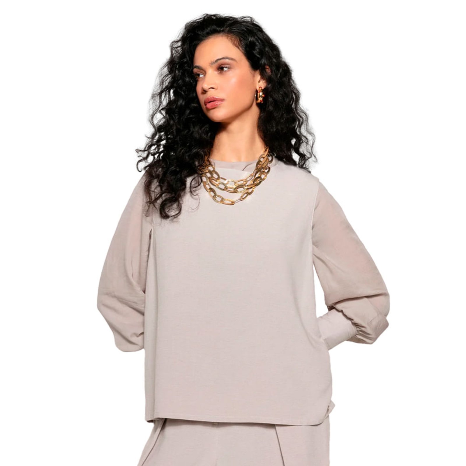 Blusa Feminina Biamar Gola Redonda Manga Longa Cinza Claro