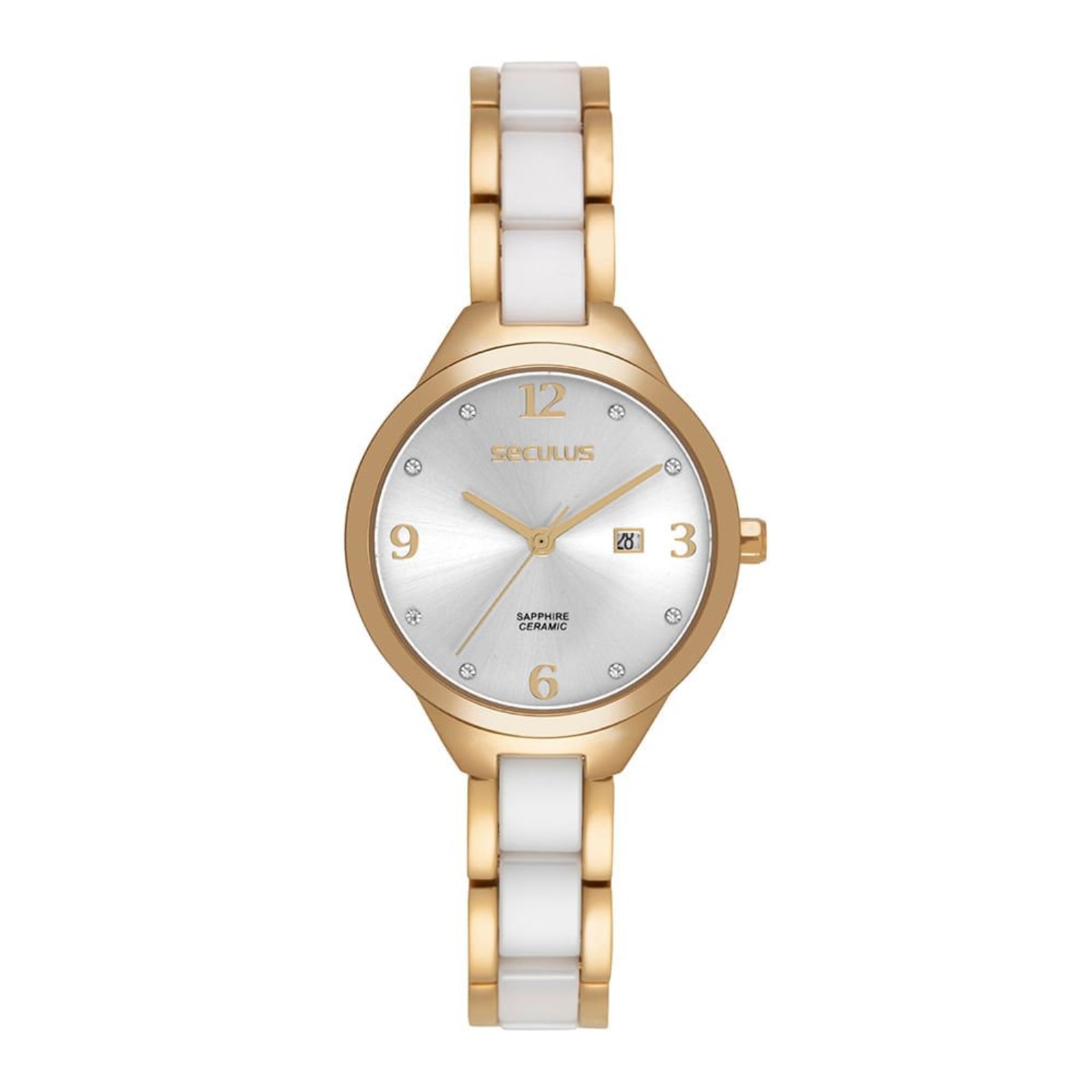 Relógio Feminino Aço Prata Calendário 32mm Joalheria 5 ATM Seculus