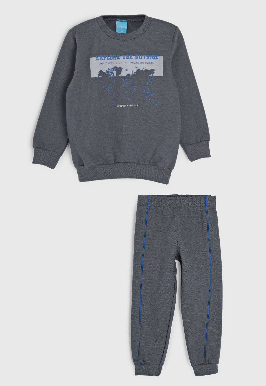 Infantil – Conjunto 2pçs Manga Longa Kamylus Mapa Mundi Cinza