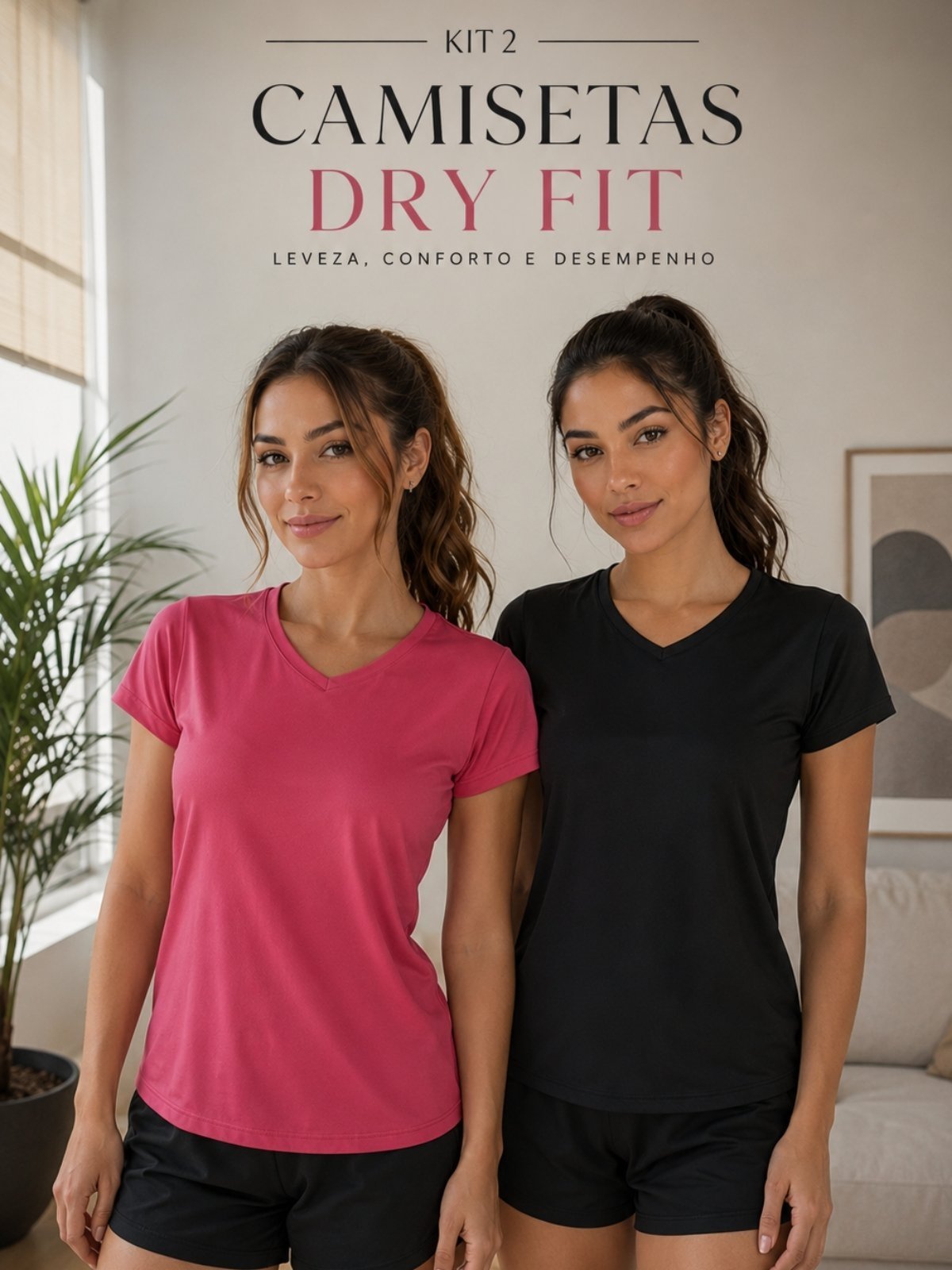 Kit 2 Camisetas Dry Fit Feminina Academia Fitness Treino Corrida Manga Curta Decote V Leve Respirável