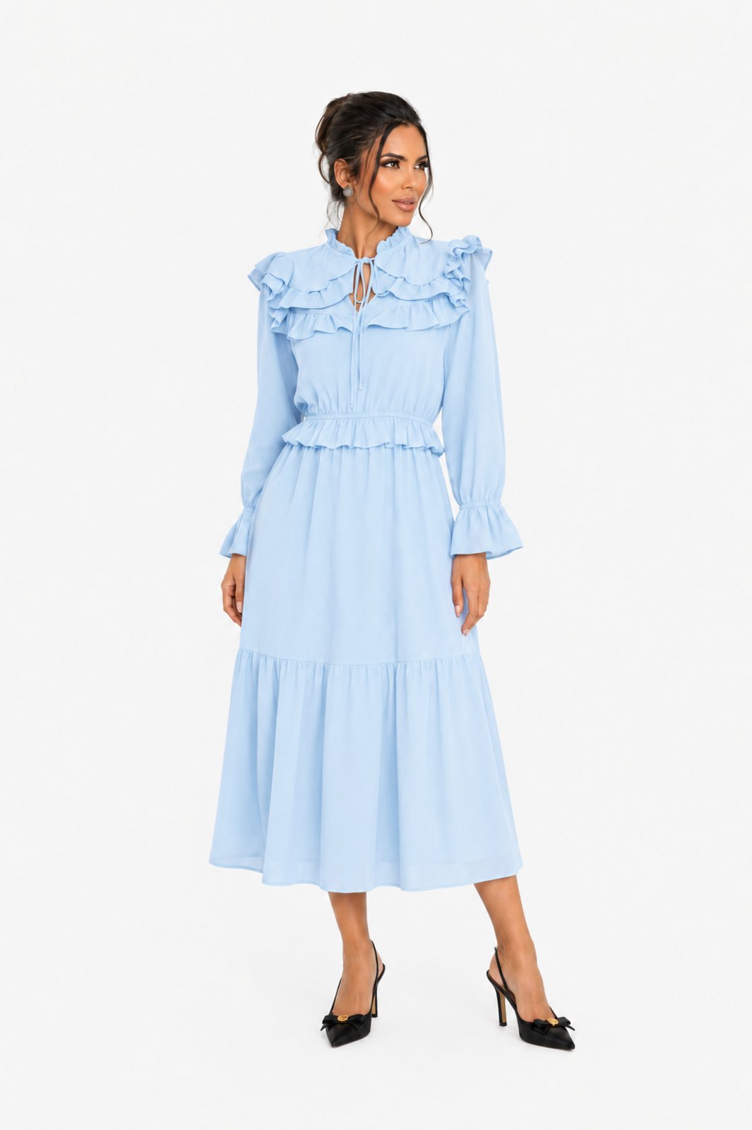 Vestido Midi D Bell Outlet Fashion Crepe Babados Azul