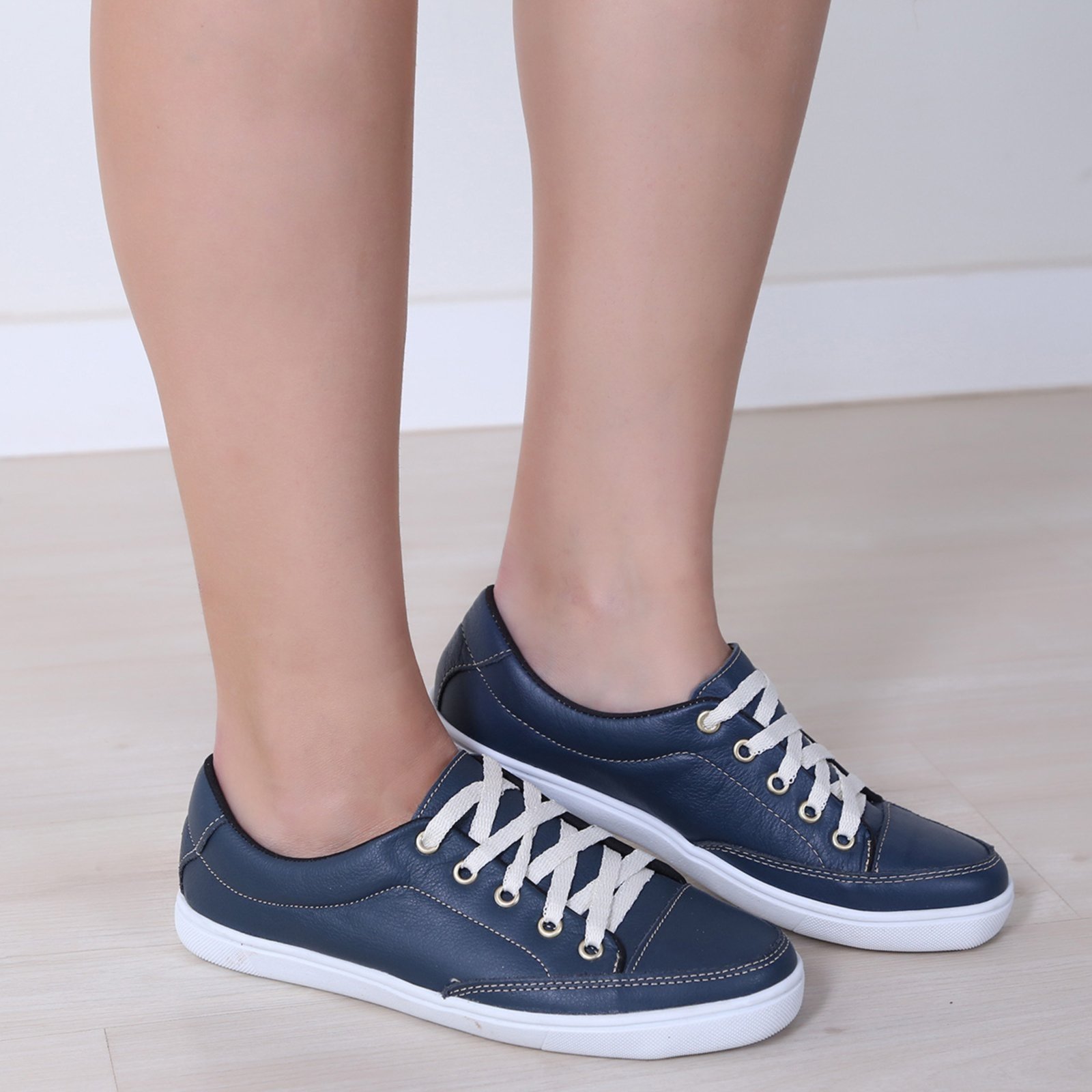 Tênis Feminino Couro Casual Azul Marinho Confortável Moderno Para Caminhada Macio