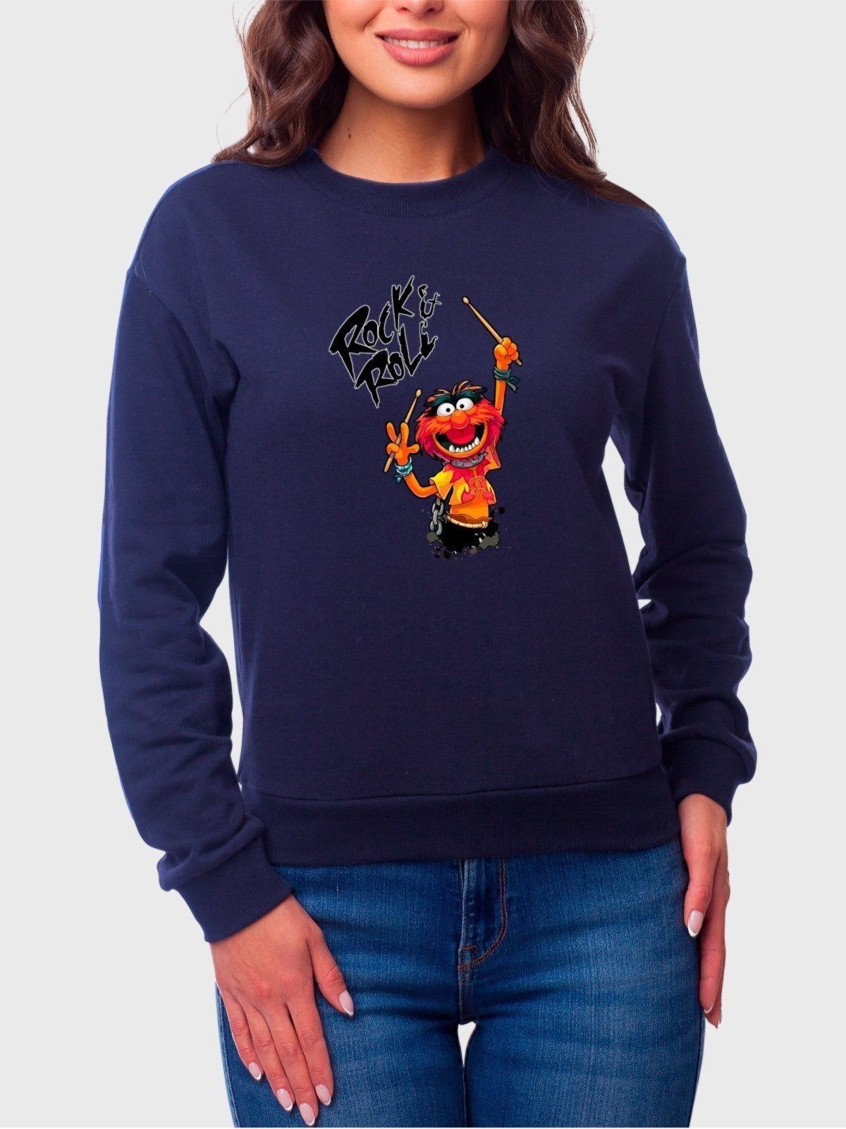 Moletom Gola Redonda Feminino Flanelado Estampa Rock Roll Divertido Azul Marinho