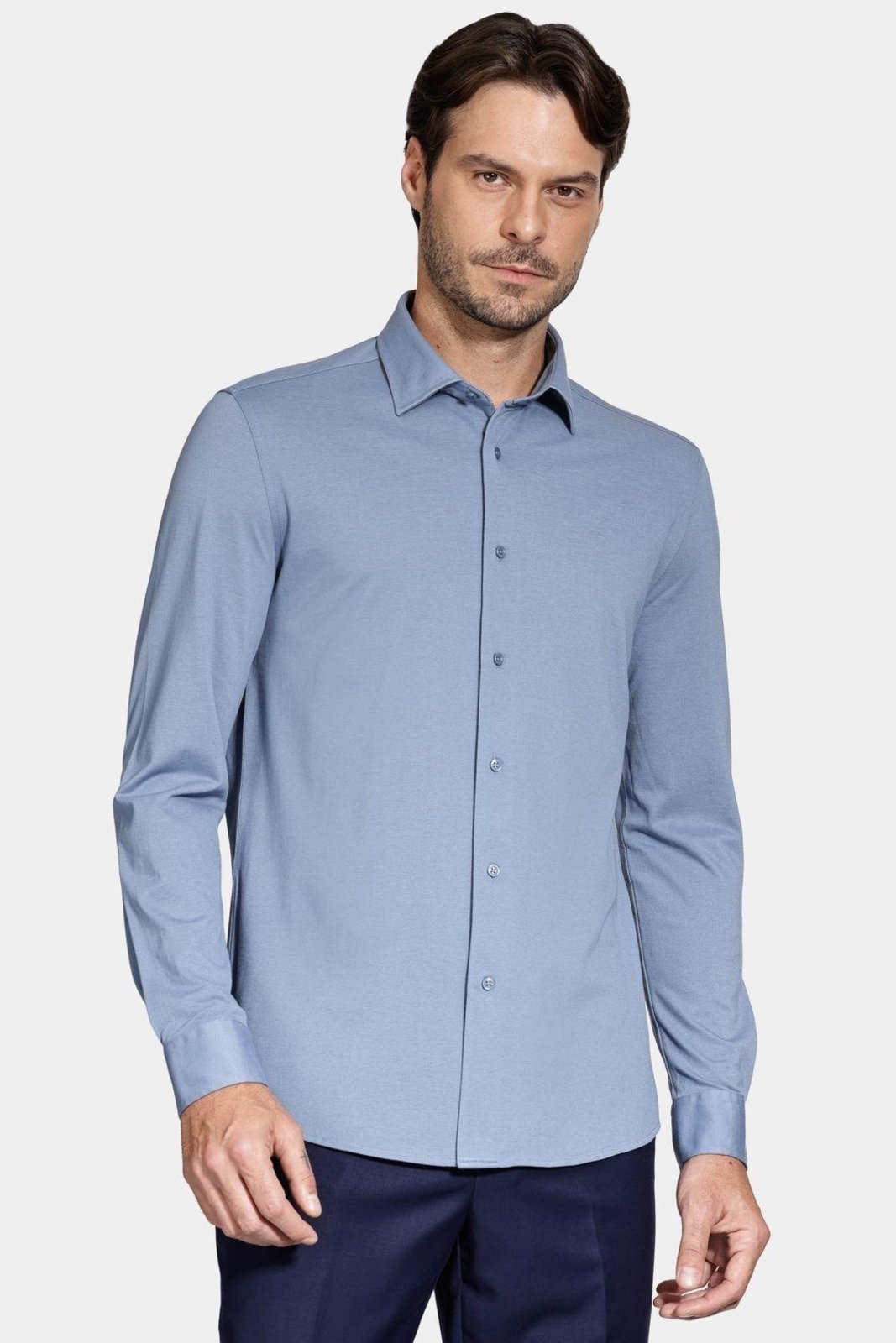 Camisa Aramis Manga Longa Slim Piquet de Malha Azul Médio
