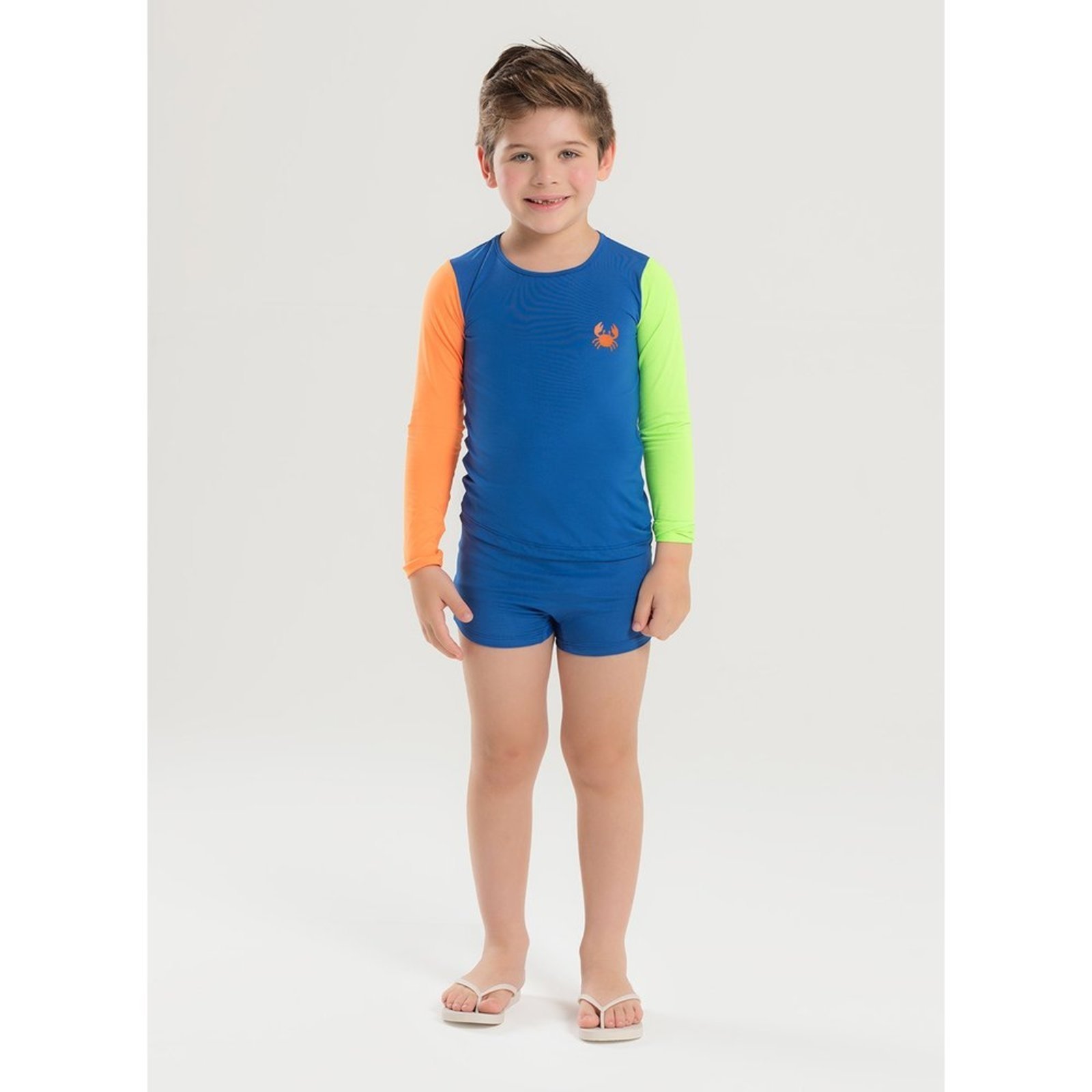 Conjunto Praia Menino Azul Royal Camiseta Manga Longa e Sunga Caranguejo