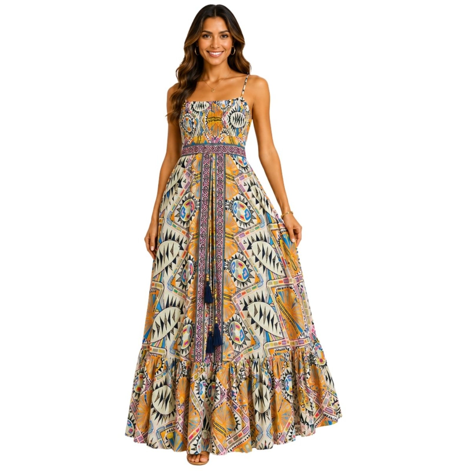 Vestido Longo Feminino Indiano Estampado Boho Amarelo