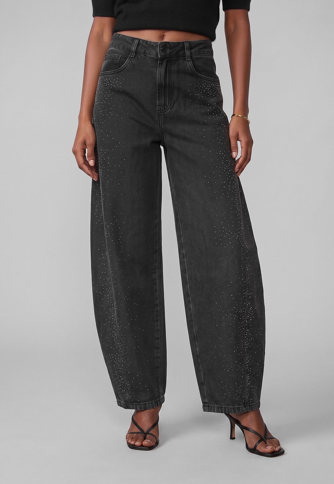 Calça Jeans Balloon Feminina Sawary com Strass Preta