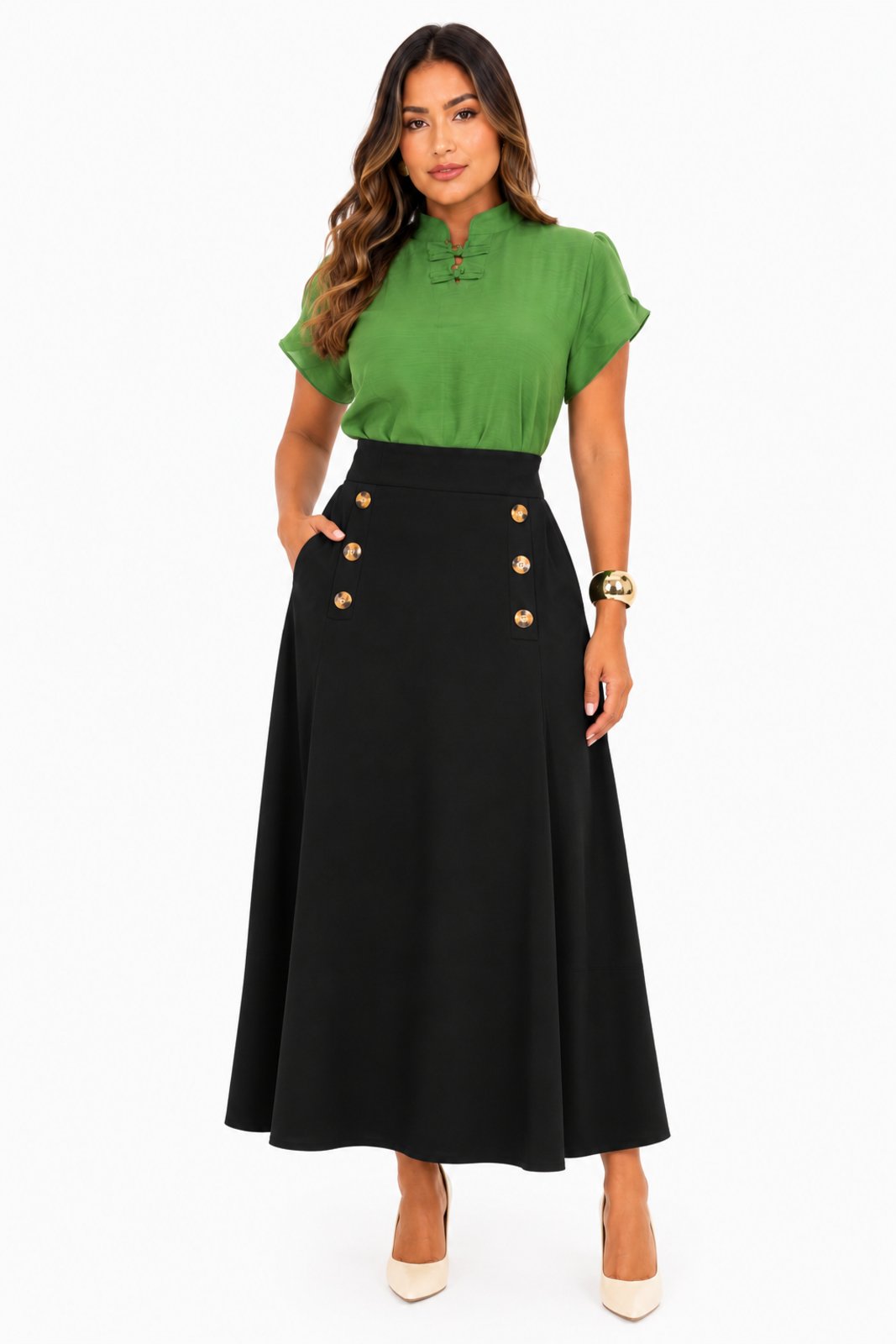 Saia Midi D Bell Outlet Fashion Botões Preto