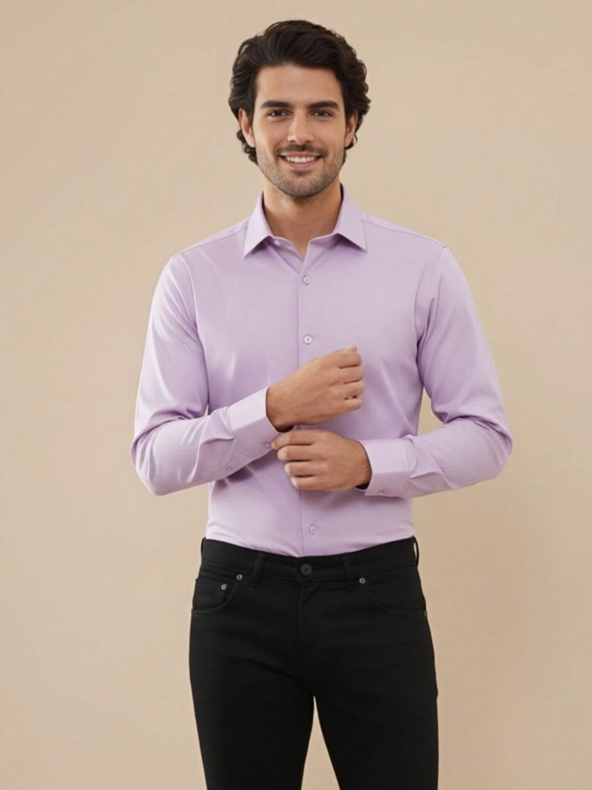 Camisa Social Masculina Slim Fit Manga Longa Lisa em Tecido Tricoline Lilás Roxo