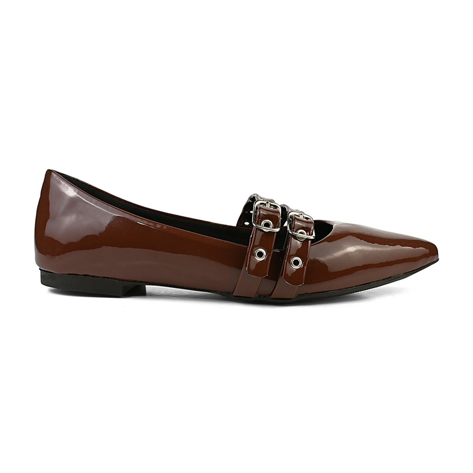 Sapatilha Bico fino Feminina Conforto Casual Confortável Verniz Fivela Marrom