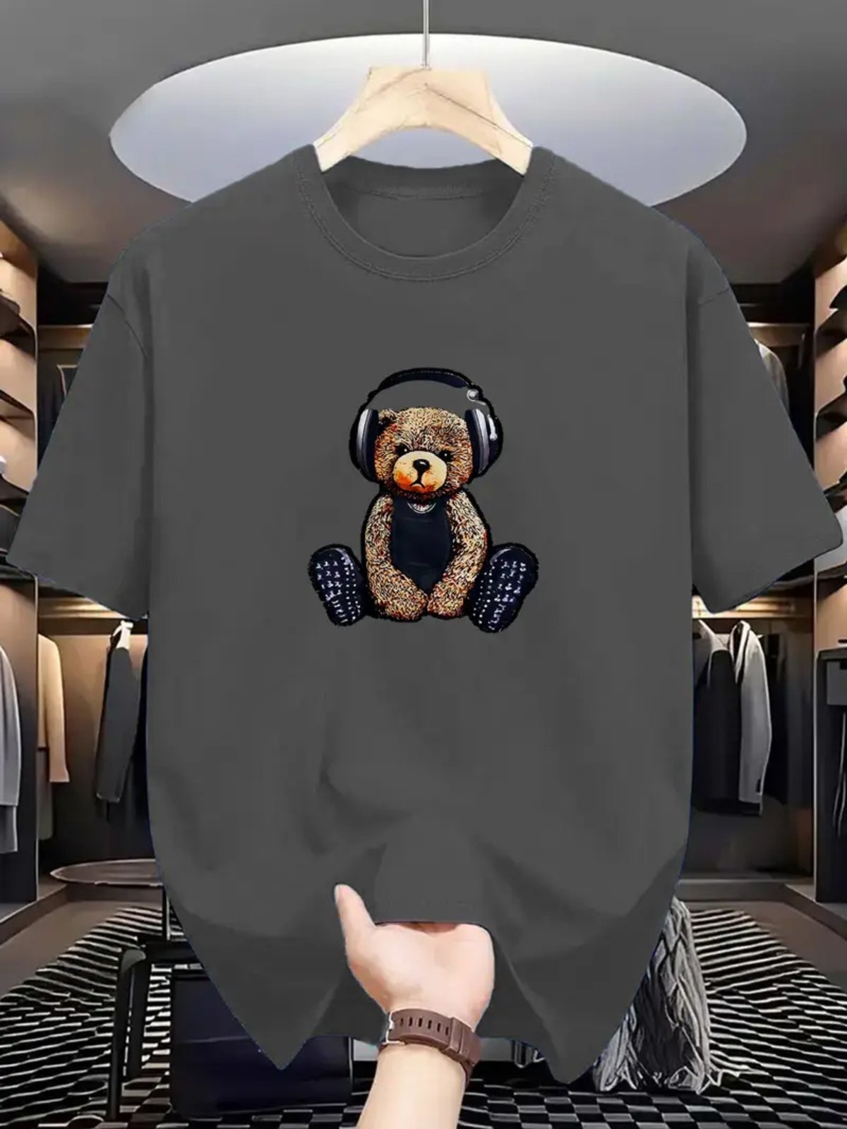 Camiseta Estampada Urso Fones Safira Moda Algodão Cinza Chumbo