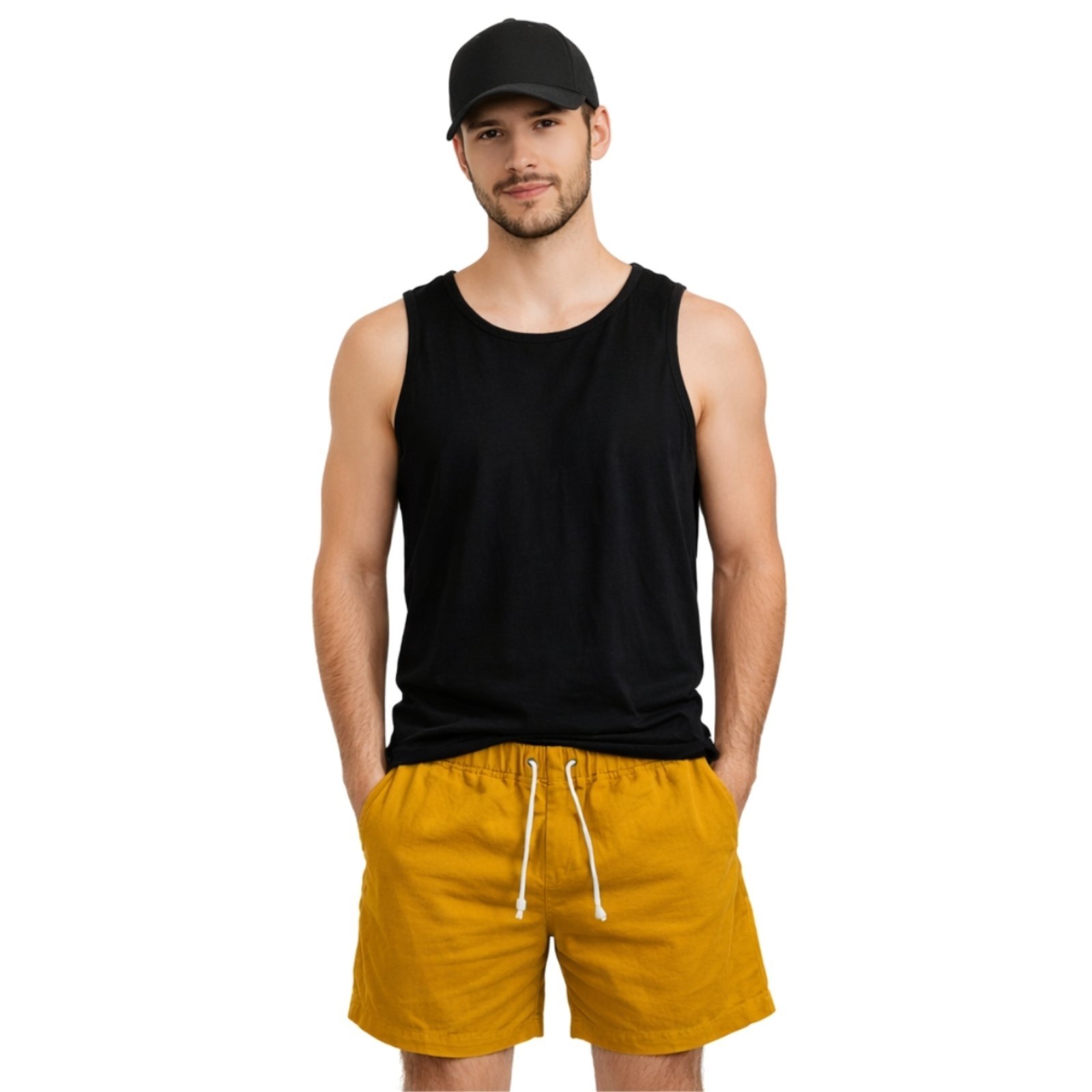 Conjunto Regata Short Linho e Boné 6 Painéis Premium Masculino Moda Praia Luxo
