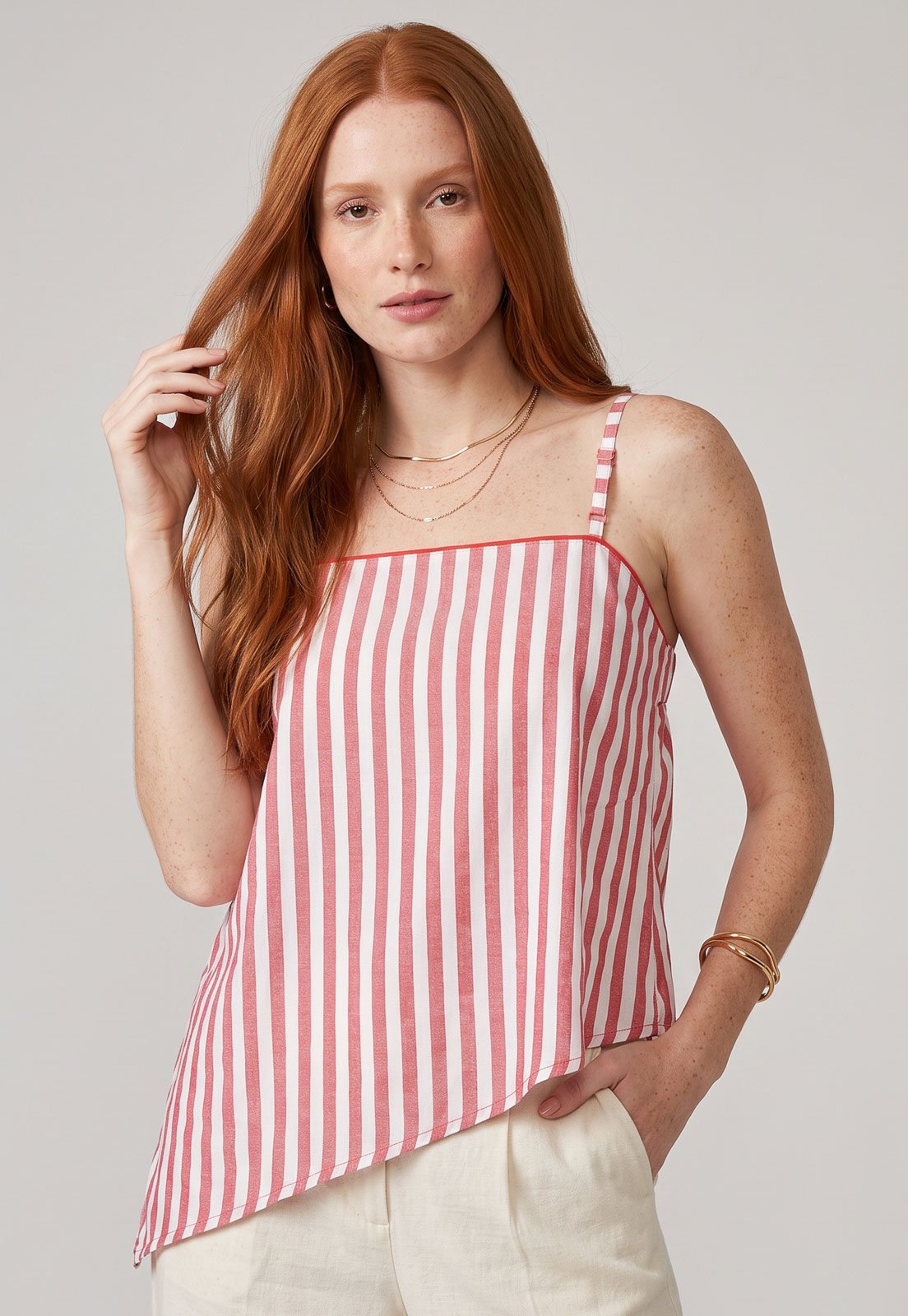 Blusa Feminina Cantão Alças Finas Listrada Rosa