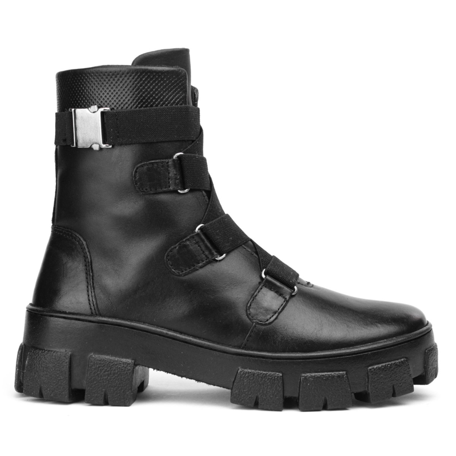 Coturno Couro Militar Feminino Solado Tratorado Cano Médio Elásticos Ajustáveis Casual Preto