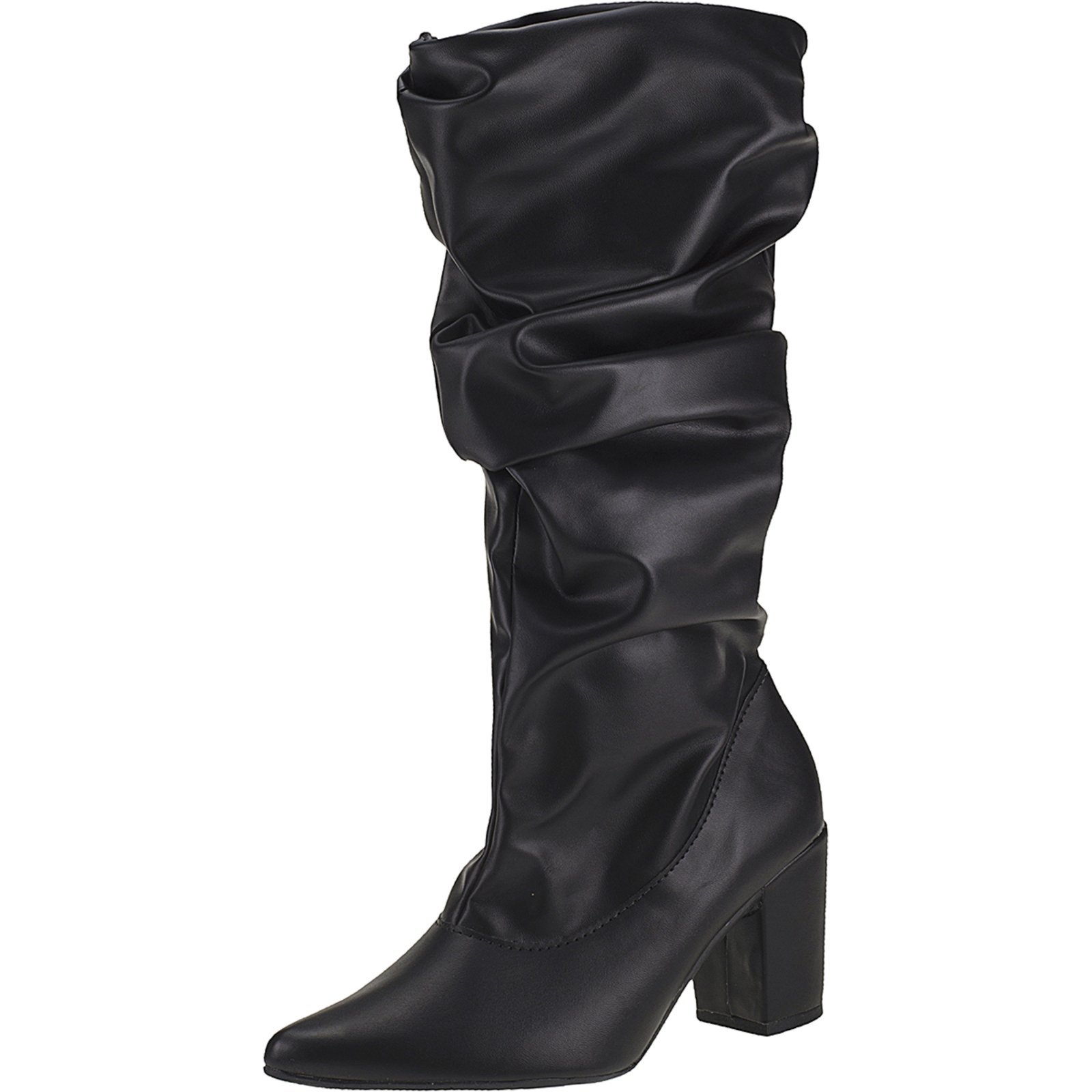 Bota Feminina Cano Longo Drapeada Salto Bloco Confortável Original Preto