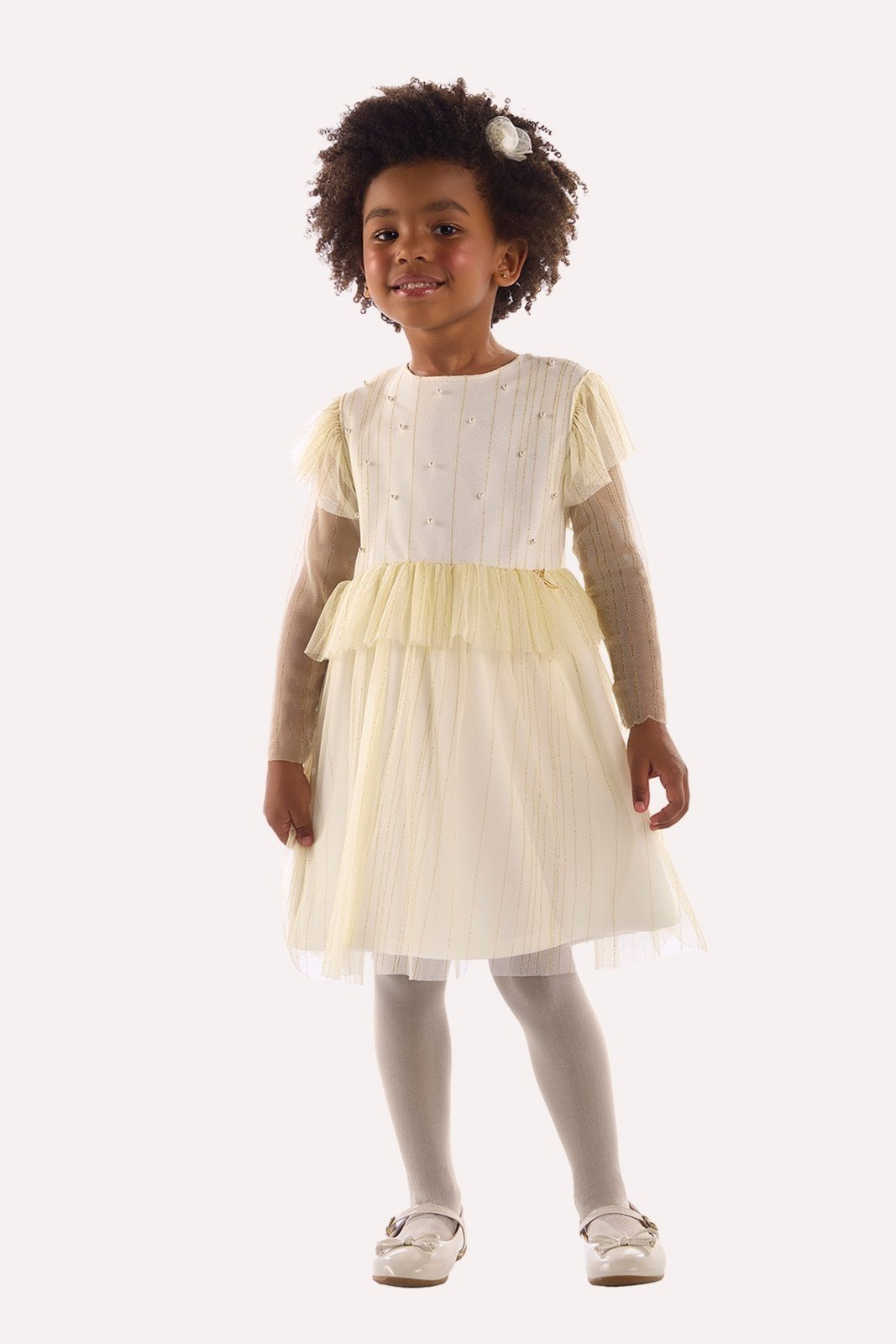 Infantil - Vestido Off em Tule Listrado com Aplique em Pérolas