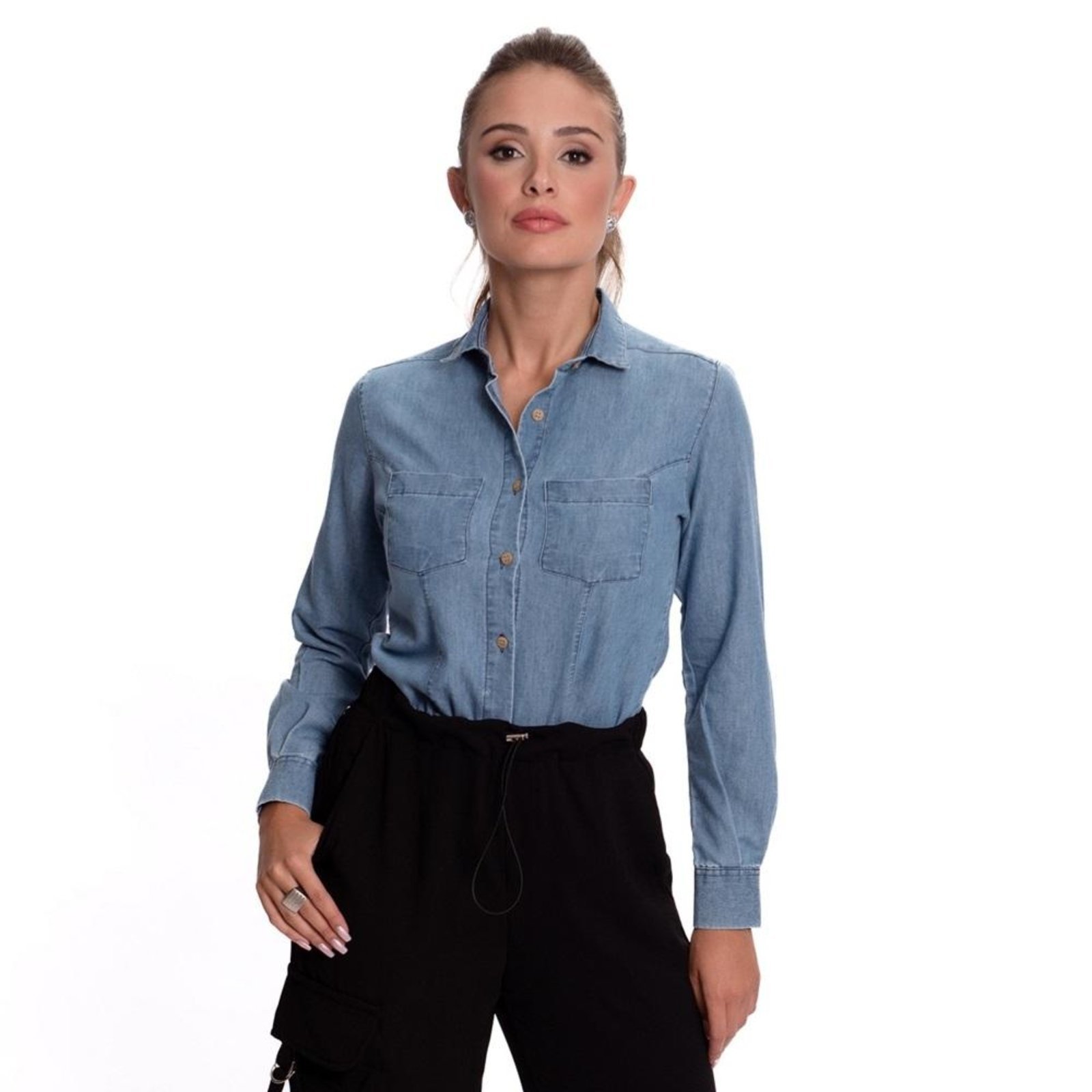 Camisa Social Feminina Jeans Manga Longa Moderna Teodoro Azul Claro G Azul