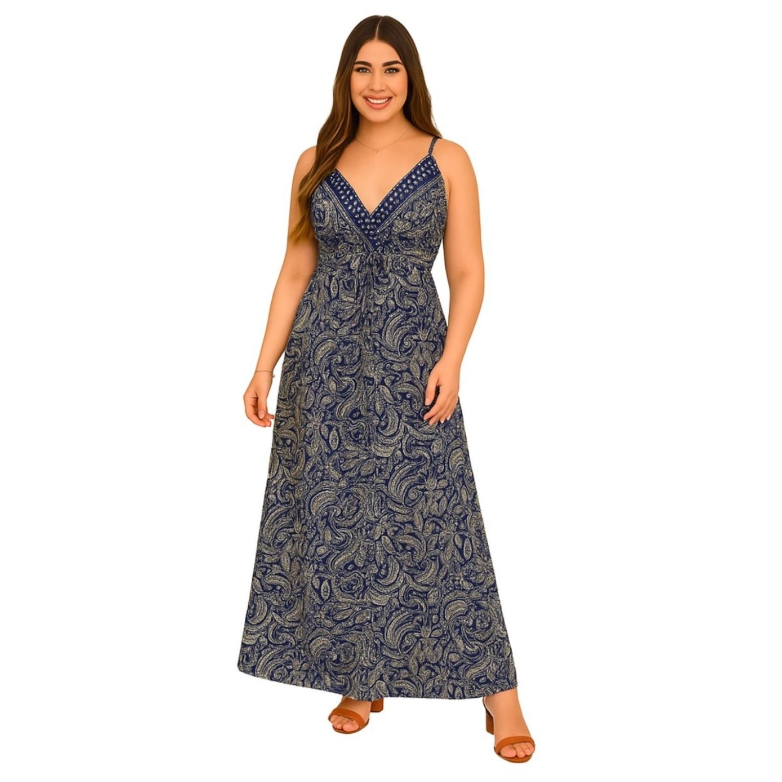 Vestido Longo Indiano FMF Azul Marinho Estampa Paisley Preto