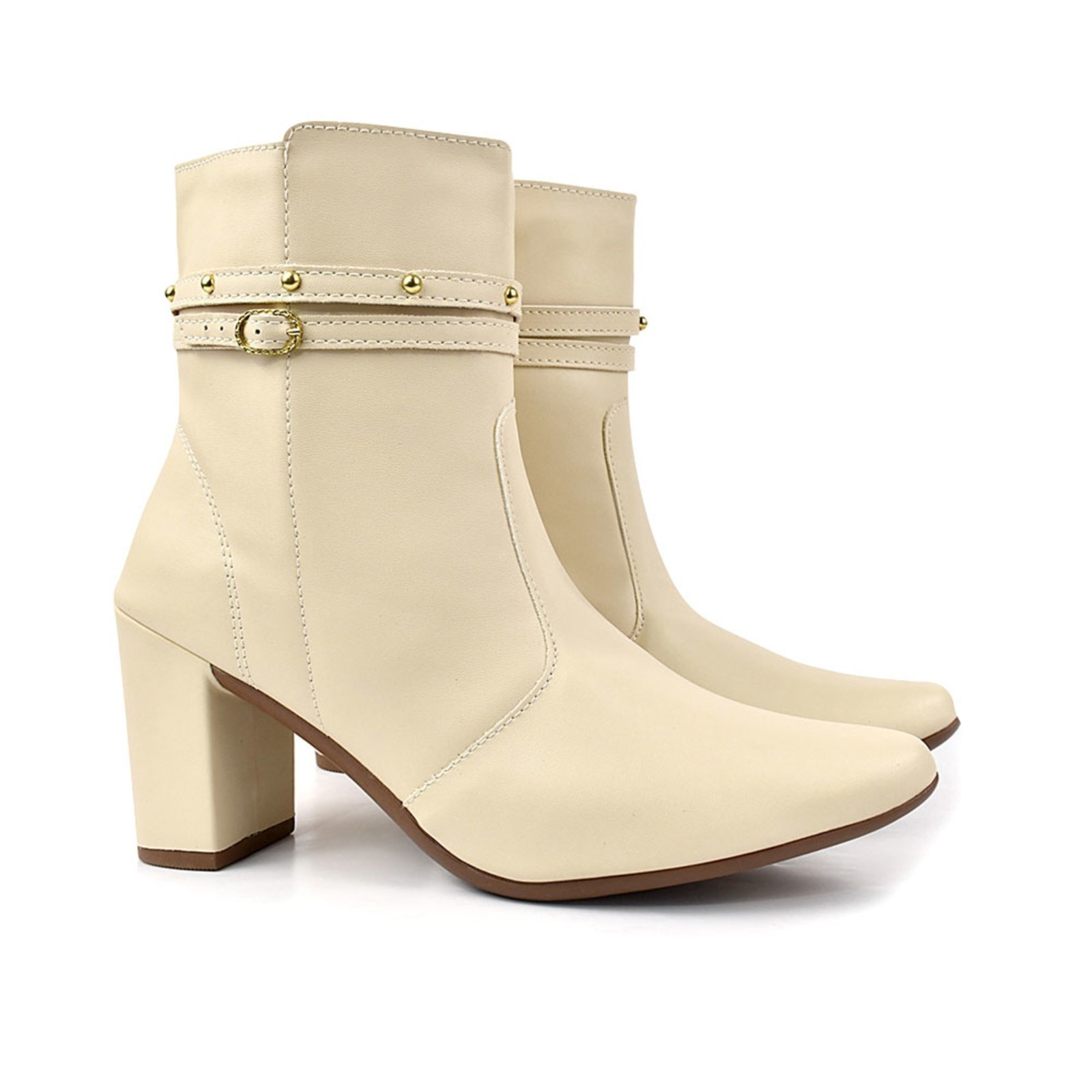 Bota bico fino salto fashion confortável com fivela OLZZY Off White