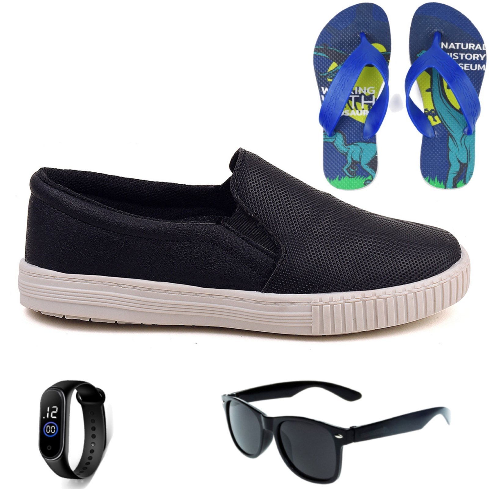 Infantil – Tenis Meninos Casual Iate Sapatilha Preto + Chinelo + Oculos e Relogio