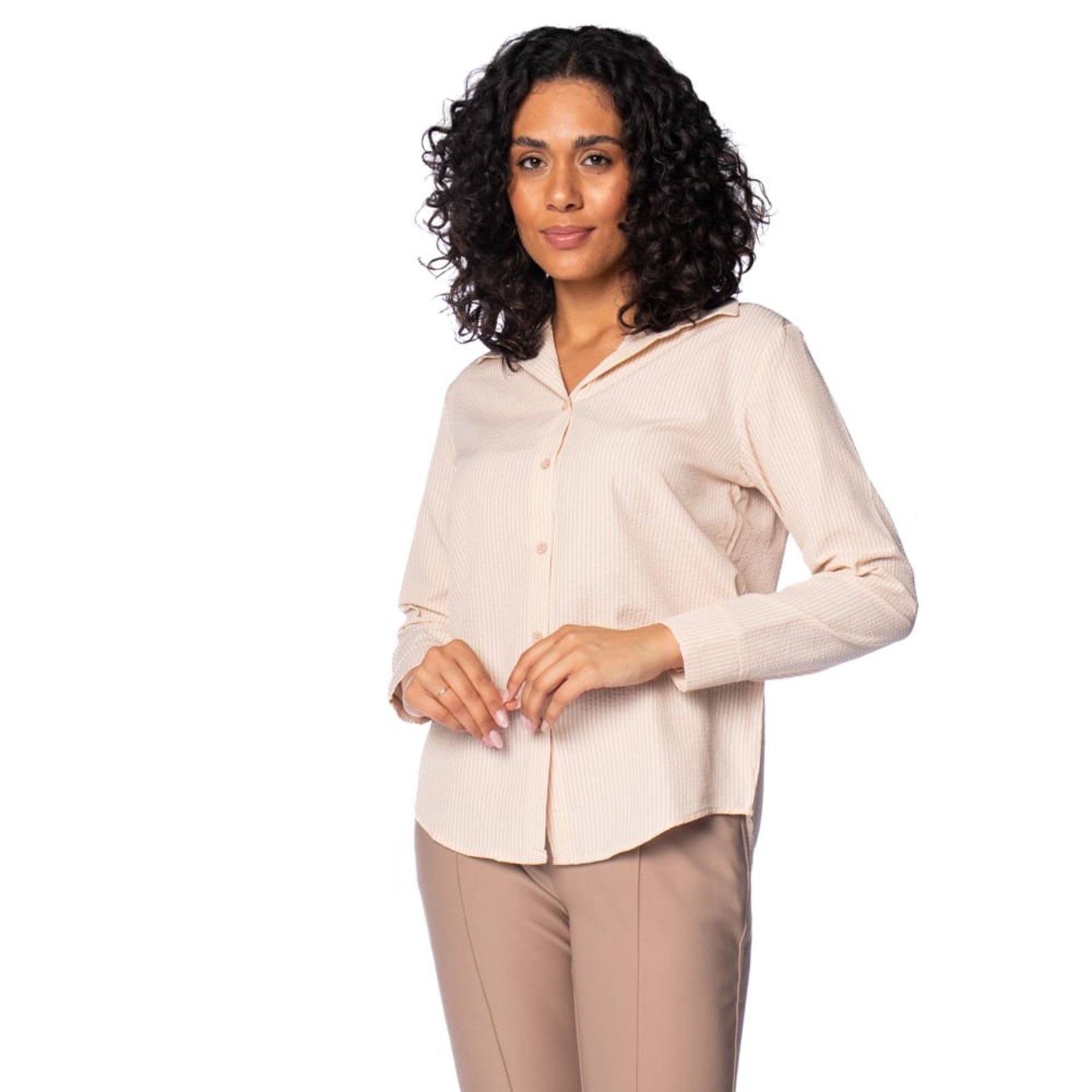 Vista 2 Camisa Feminina Pellini Listrada Textura Branco bege Pellini bege