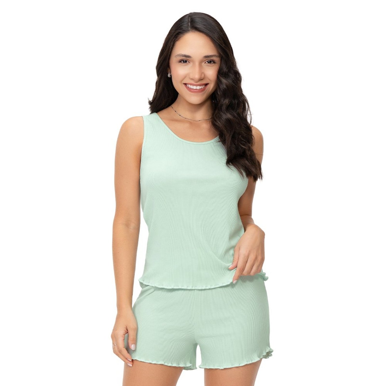 Pijama Feminino Regata Shorts Curto Verde Alça Larga em Viscose