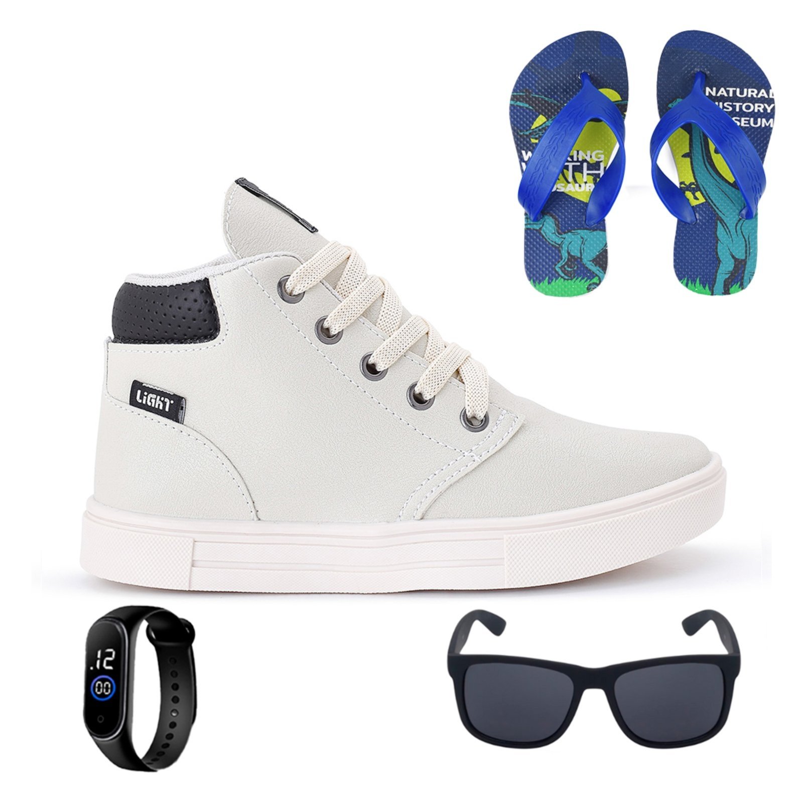 Infantil – Tenis Botinha Meninos Casual Cano Alto Confortavel + Chinelo Oculos Relogio Bege