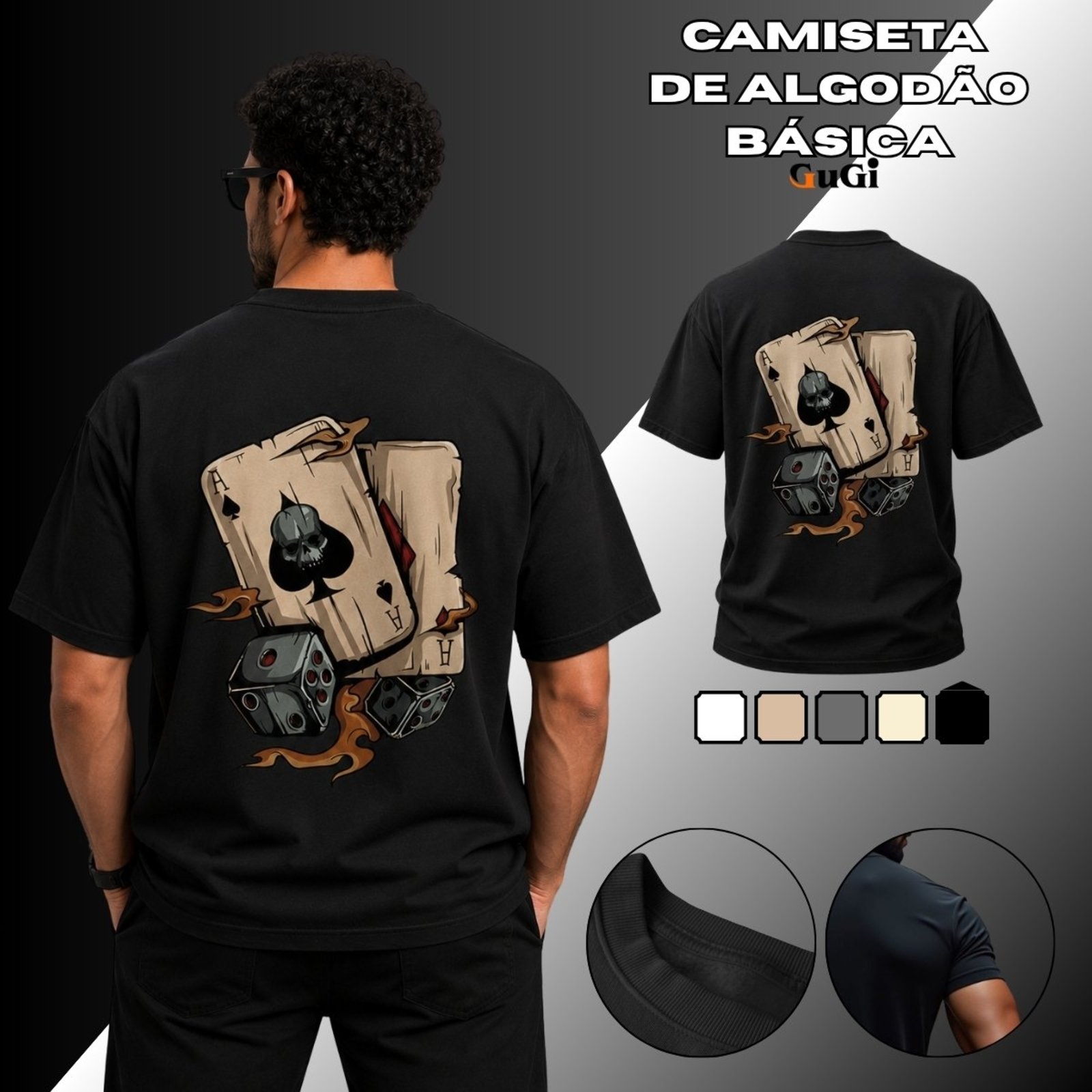 Camiseta Masculina Baralho Ás Dados 100% Algodão 30.1 Preto