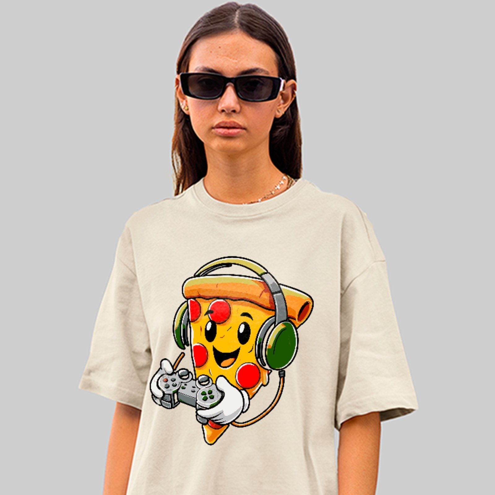 Camiseta Oversized Premium Pizza Gamer Geek Unissex Off White