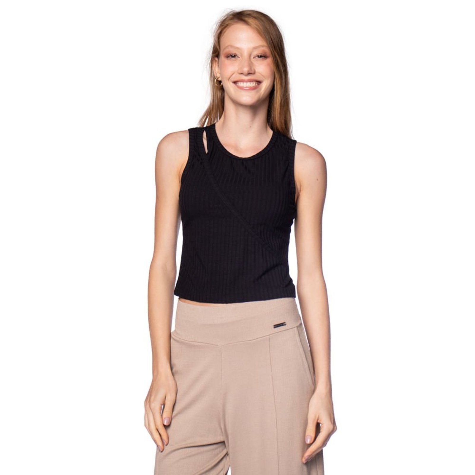 Blusa Feminina Habana Regata Canelada Detalhe Ombro Preto