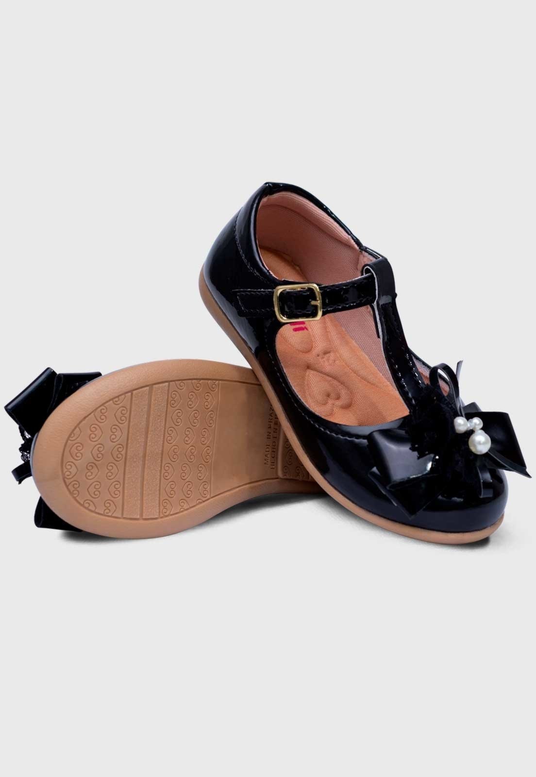 Vista 3 Infantil - Sapatilha Salomé Menina Laço Pérola Renda Pópidí preto