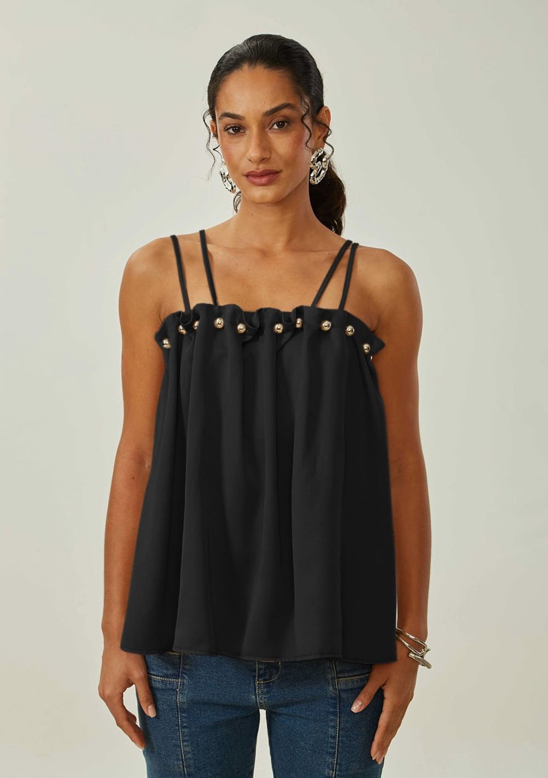 Blusa Maria Valentina Solta Decote Reto Manga Curta Padrão Preto