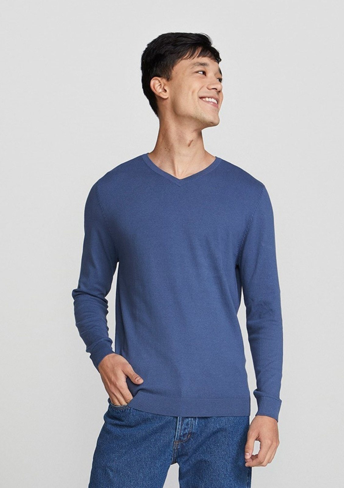 Blusão Básico Masculino Em Tricô E Gola V – Azul
